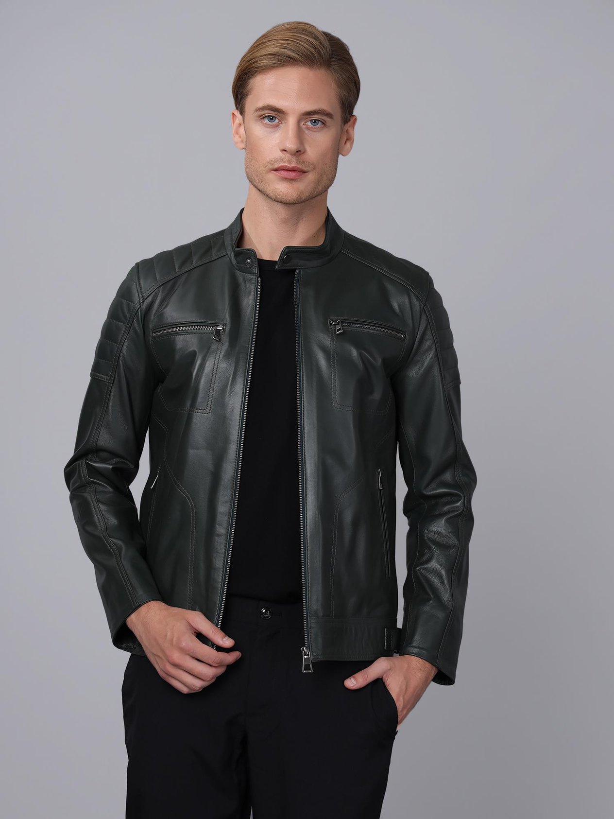 Basics&More Erkek Yeşil Deri Ceket - CMSE105