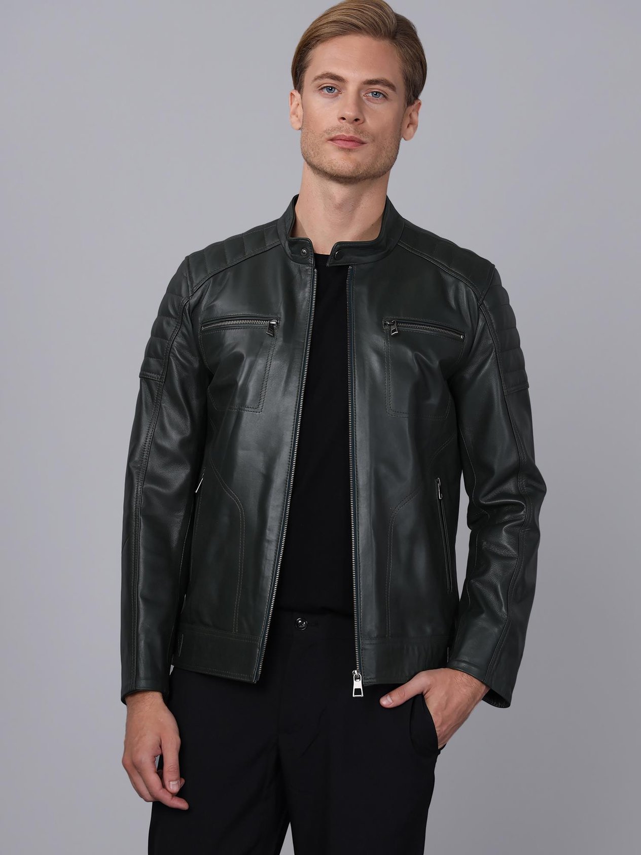 Basics&More Erkek Yeşil Deri Ceket - CMSE105