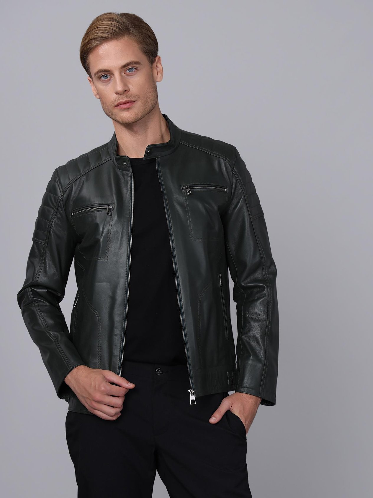 Basics&More Erkek Yeşil Deri Ceket - CMSE105