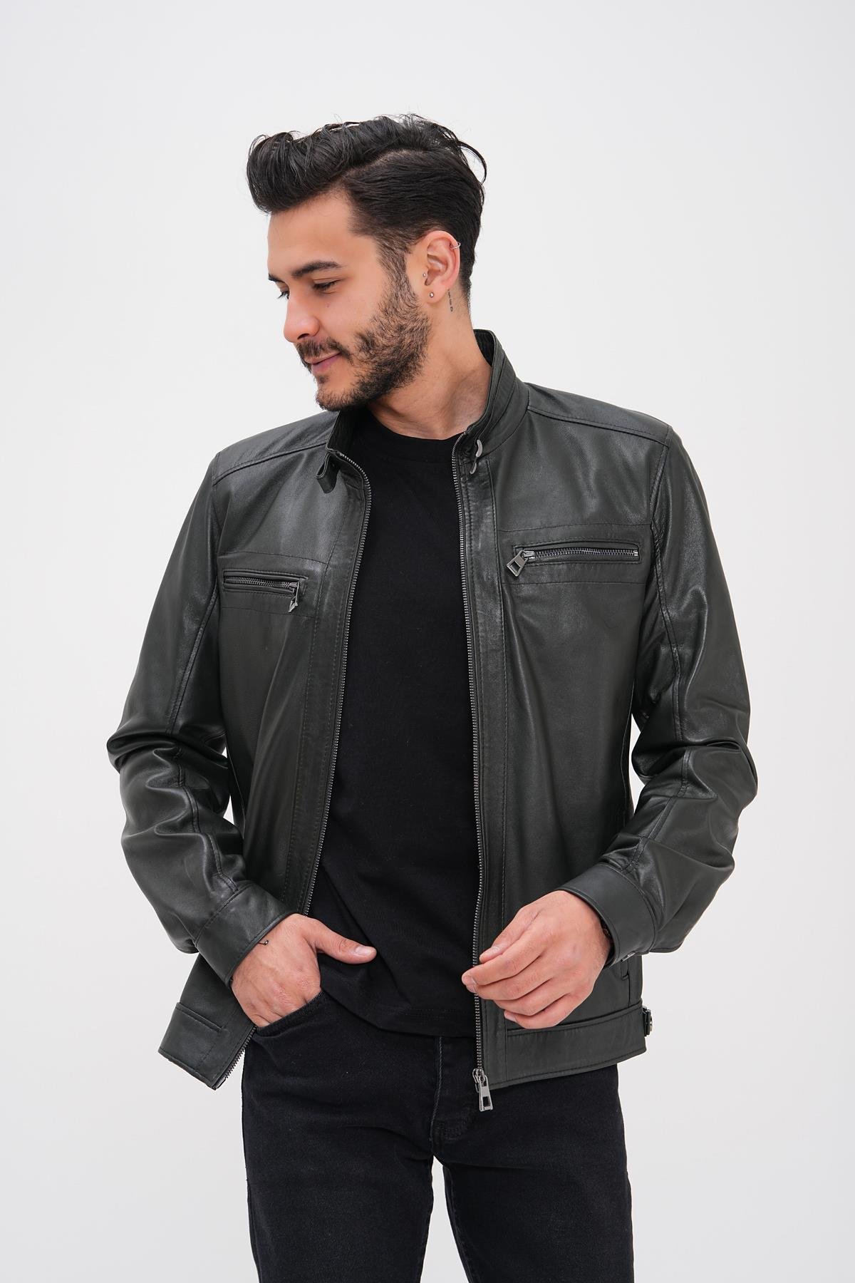 Basics&More Erkek Yeşil Deri Ceket - Fermuarlı SRY27