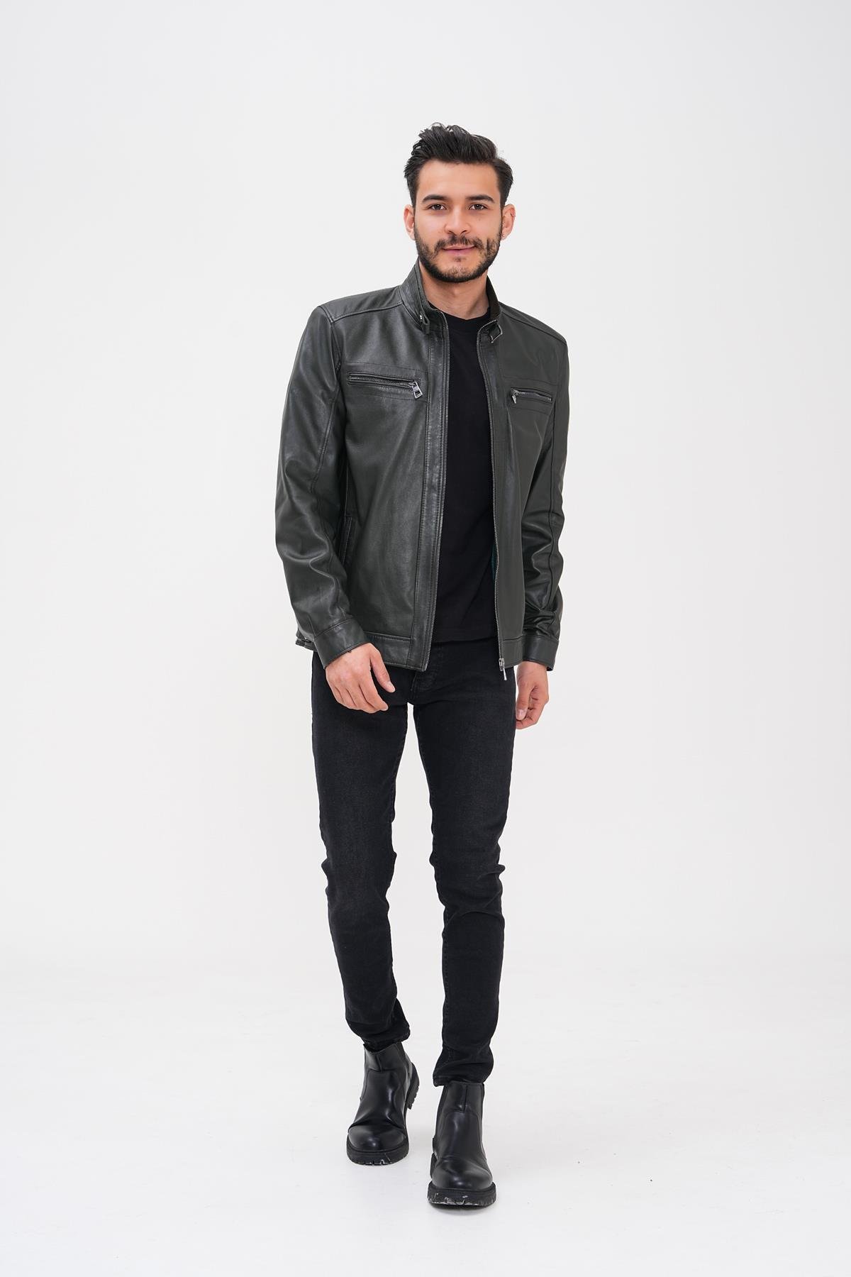 Basics&More Erkek Yeşil Deri Ceket - Fermuarlı SRY27