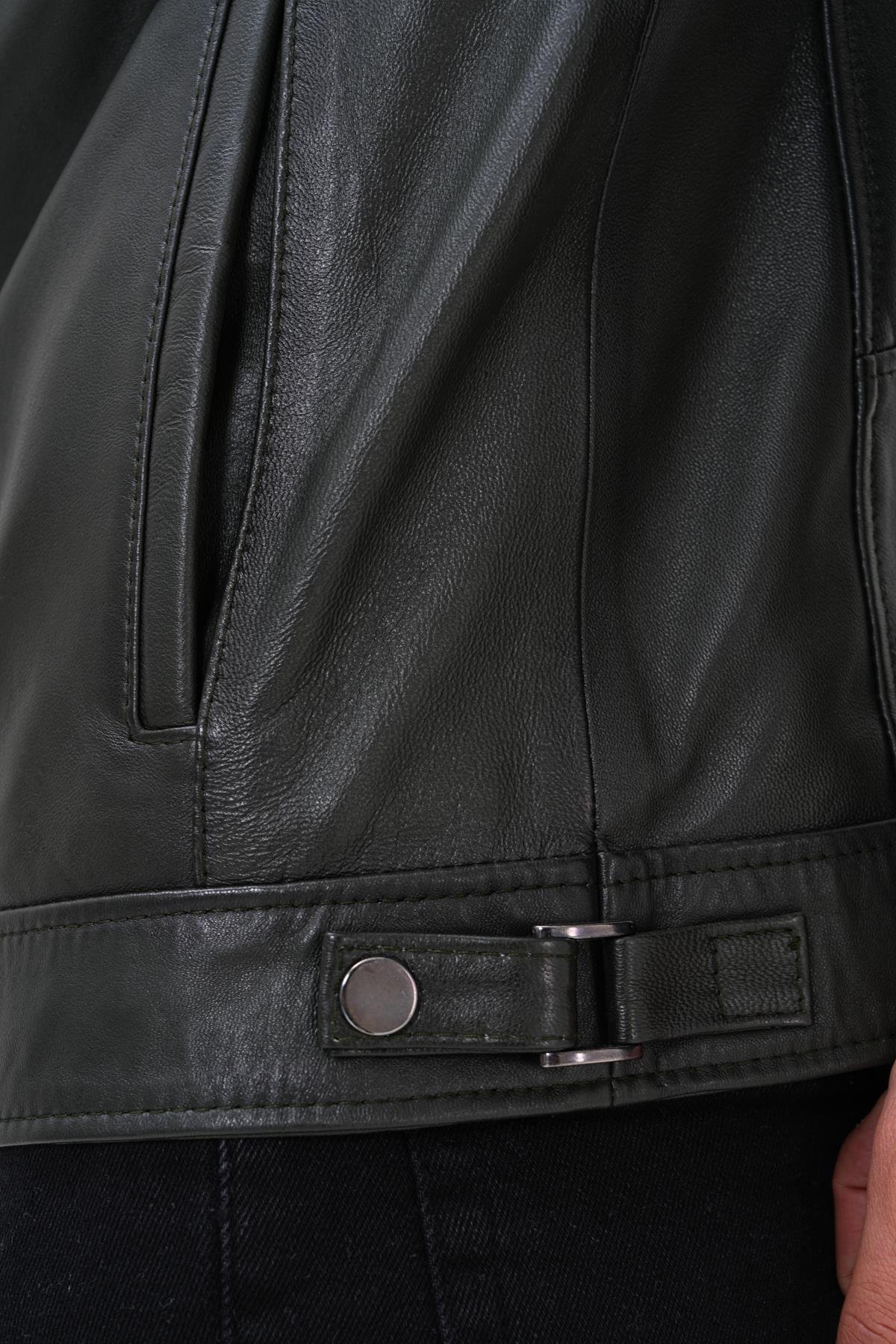 Basics&More Erkek Yeşil Deri Ceket - Fermuarlı SRY27