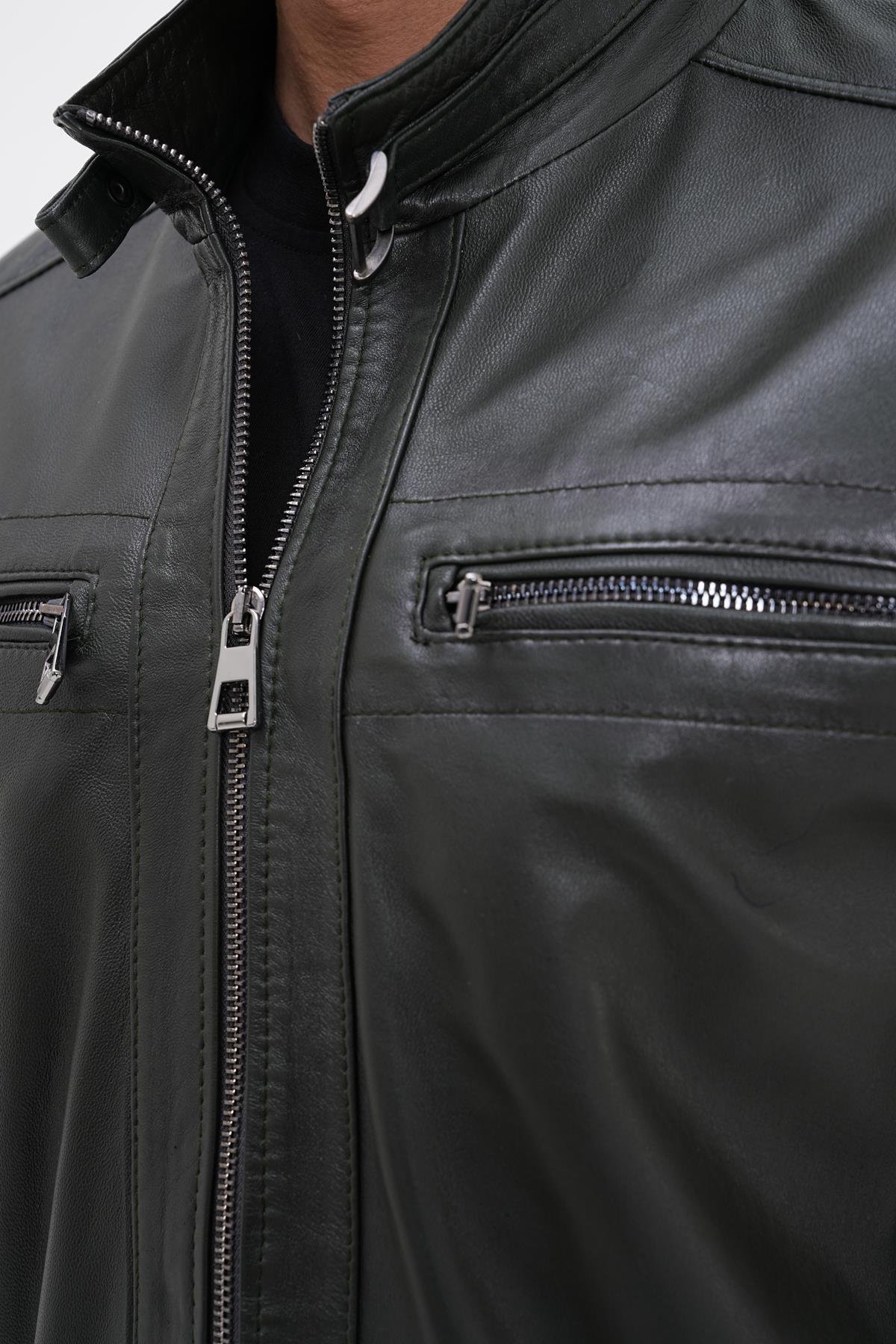 Basics&More Erkek Yeşil Deri Ceket - Fermuarlı SRY27