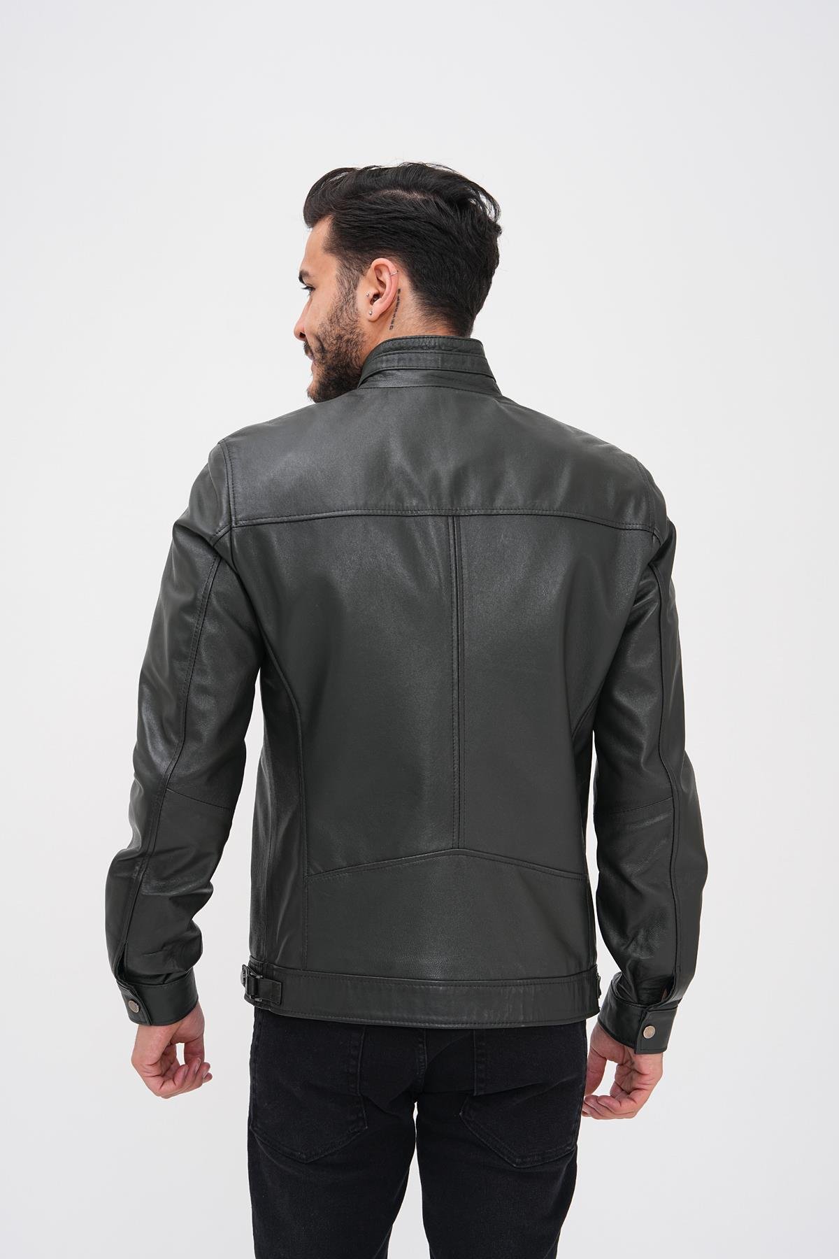 Basics&More Erkek Yeşil Deri Ceket - Fermuarlı SRY27