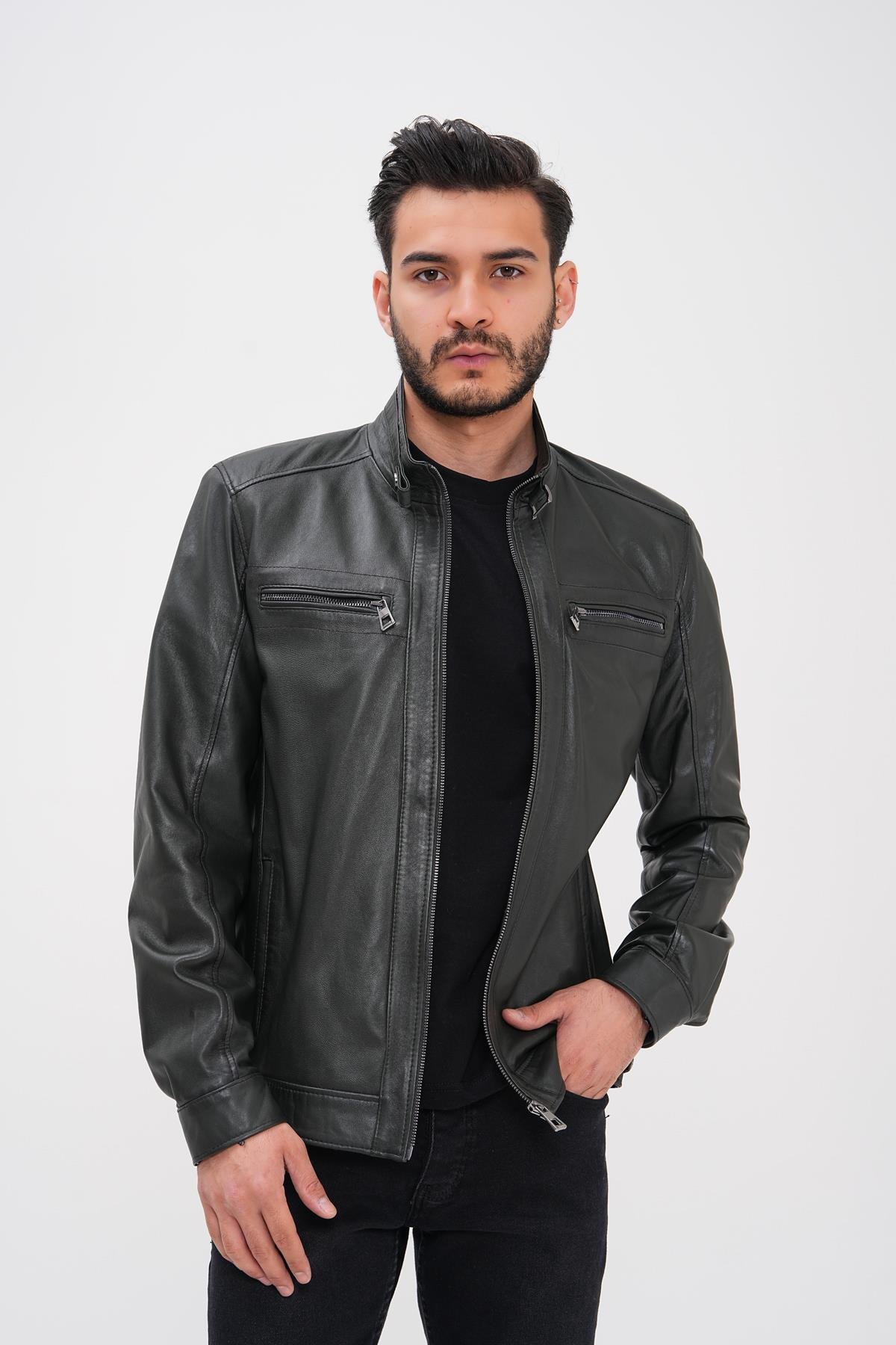 Basics&More Erkek Yeşil Deri Ceket - Fermuarlı SRY27