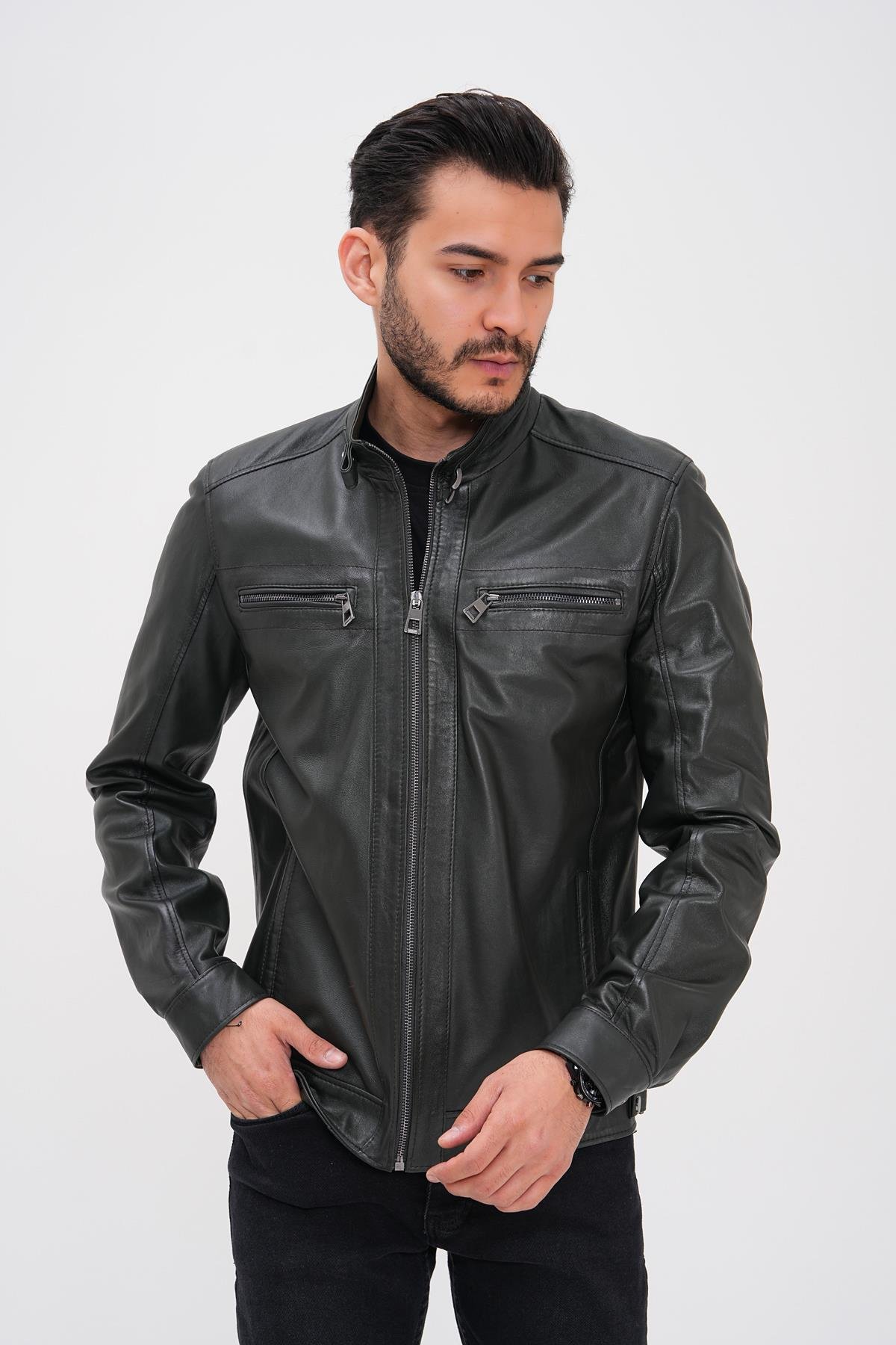 Basics&More Erkek Yeşil Deri Ceket - Fermuarlı SRY27