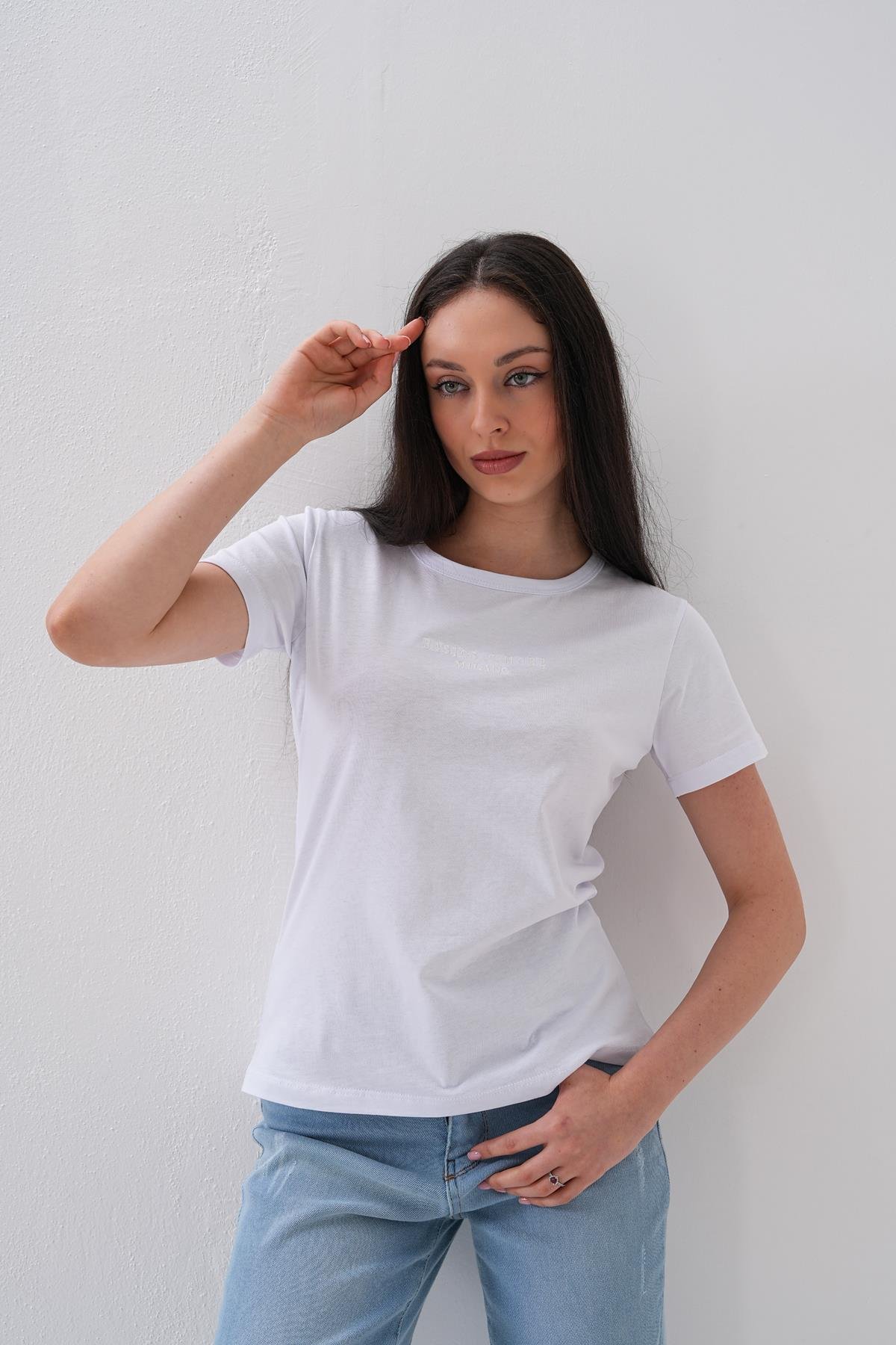 Basics&More Kadın %100 Pamklu Beyaz Basic Bisiklet Yaka T-Shirt - 20792