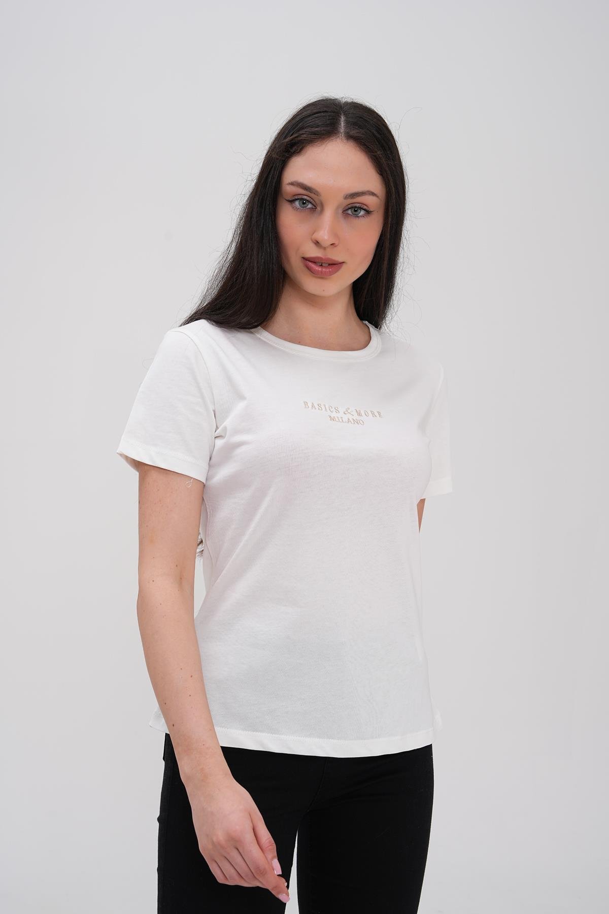 Basics&More Kadın %100 Pamklu Kırık Beyaz Basic Bisiklet Yaka T-Shirt - 20792