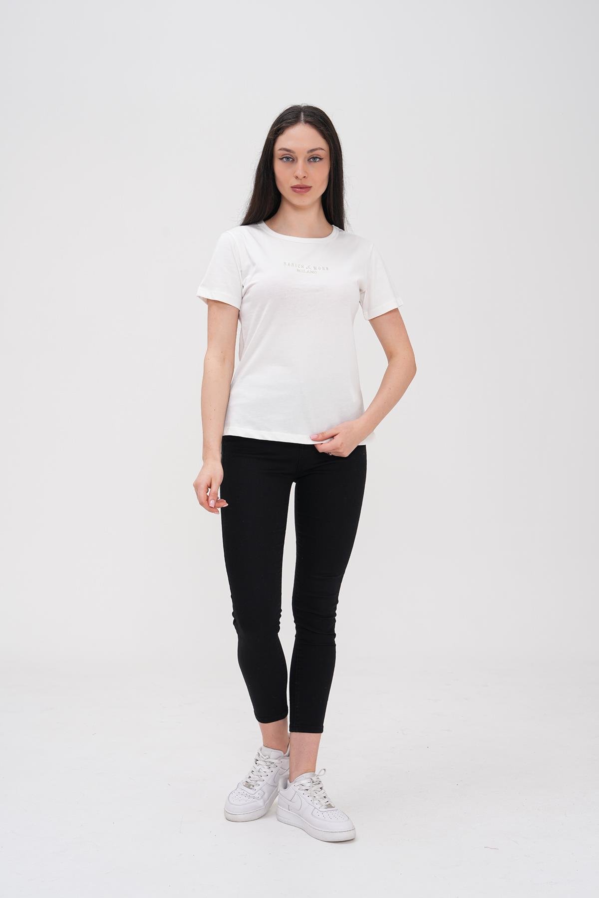 Basics&More Kadın %100 Pamklu Kırık Beyaz Basic Bisiklet Yaka T-Shirt - 20792