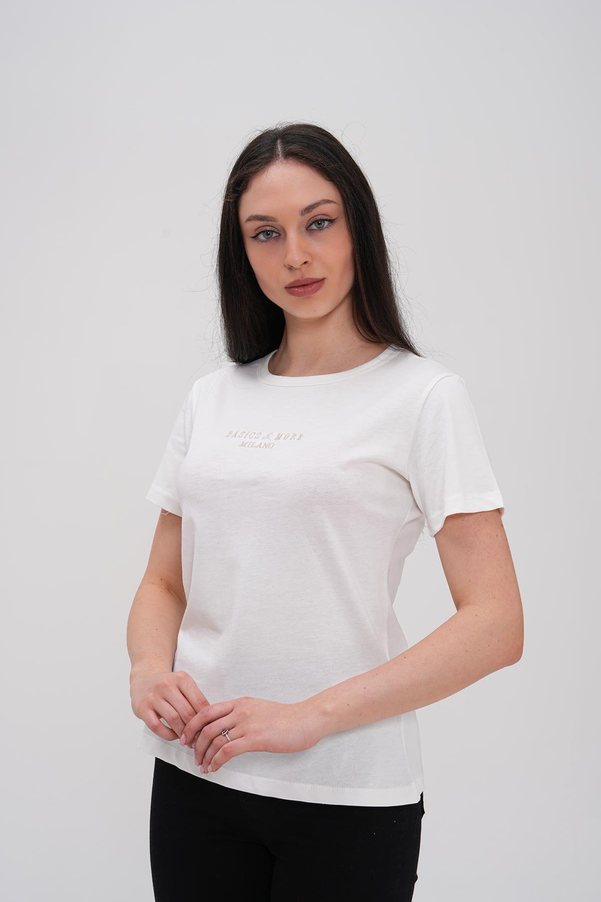 Basics&More Kadın %100 Pamklu Kırık Beyaz Basic Bisiklet Yaka T-Shirt - 20792