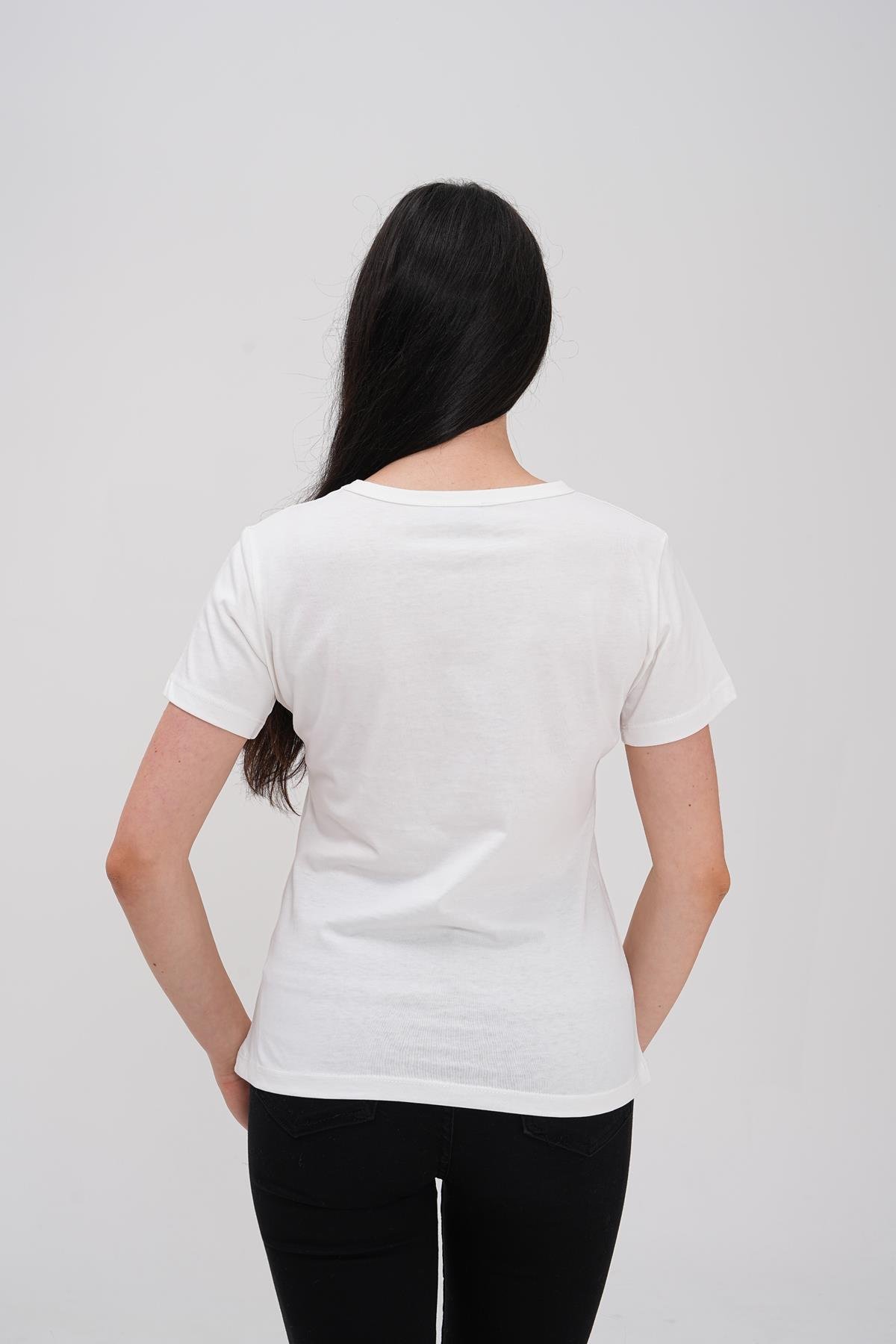 Basics&More Kadın %100 Pamklu Kırık Beyaz Basic Bisiklet Yaka T-Shirt - 20792