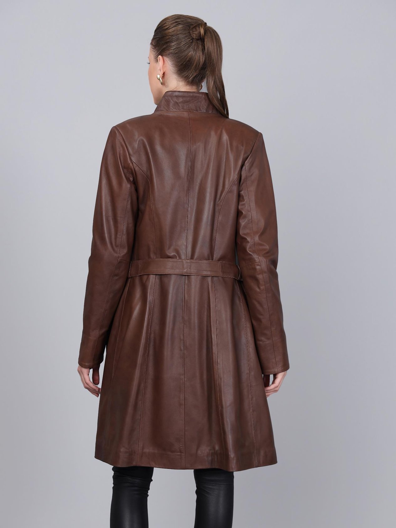 Basics&More Kadın Belden Kuşaklı Kestane Deri Ceket - B3034