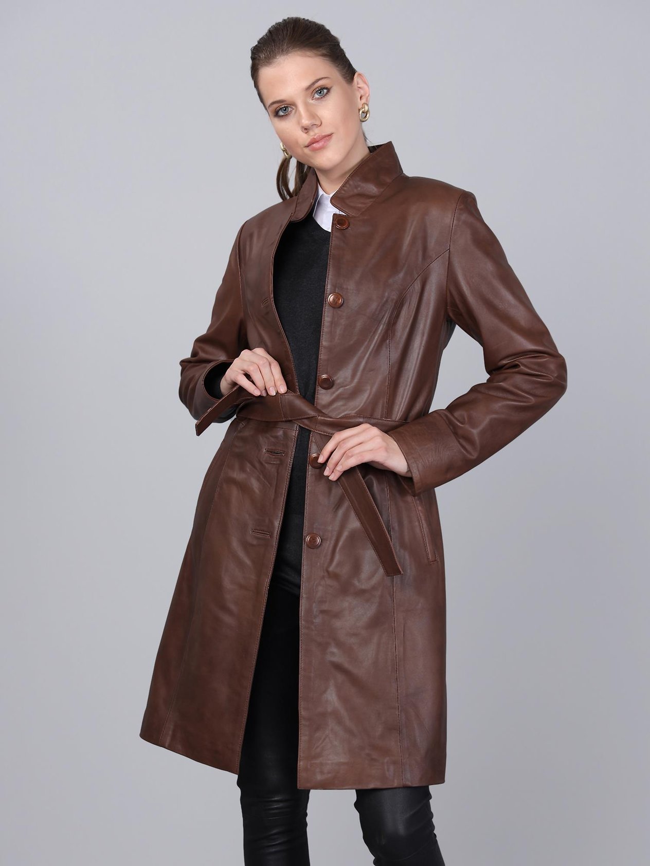 Basics&More Kadın Belden Kuşaklı Kestane Deri Ceket - B3034