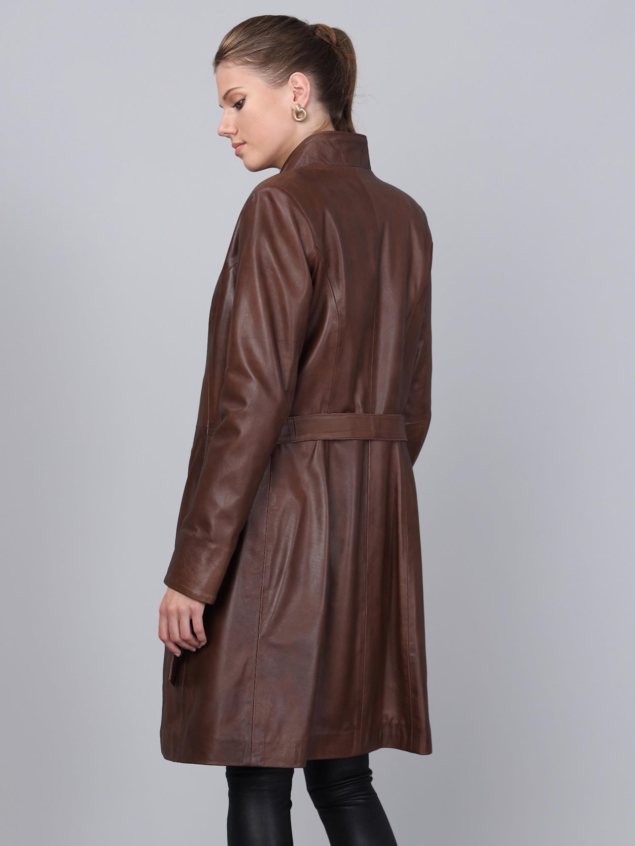 Basics&More Kadın Belden Kuşaklı Kestane Deri Ceket - B3034