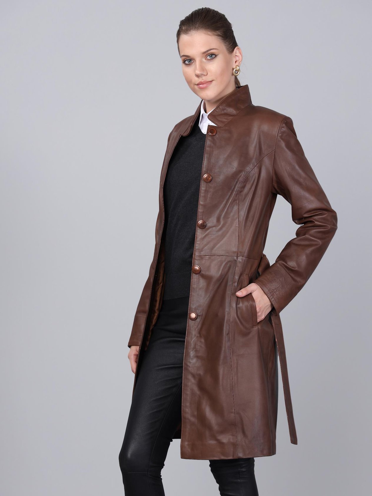 Basics&More Kadın Belden Kuşaklı Kestane Deri Ceket - B3034