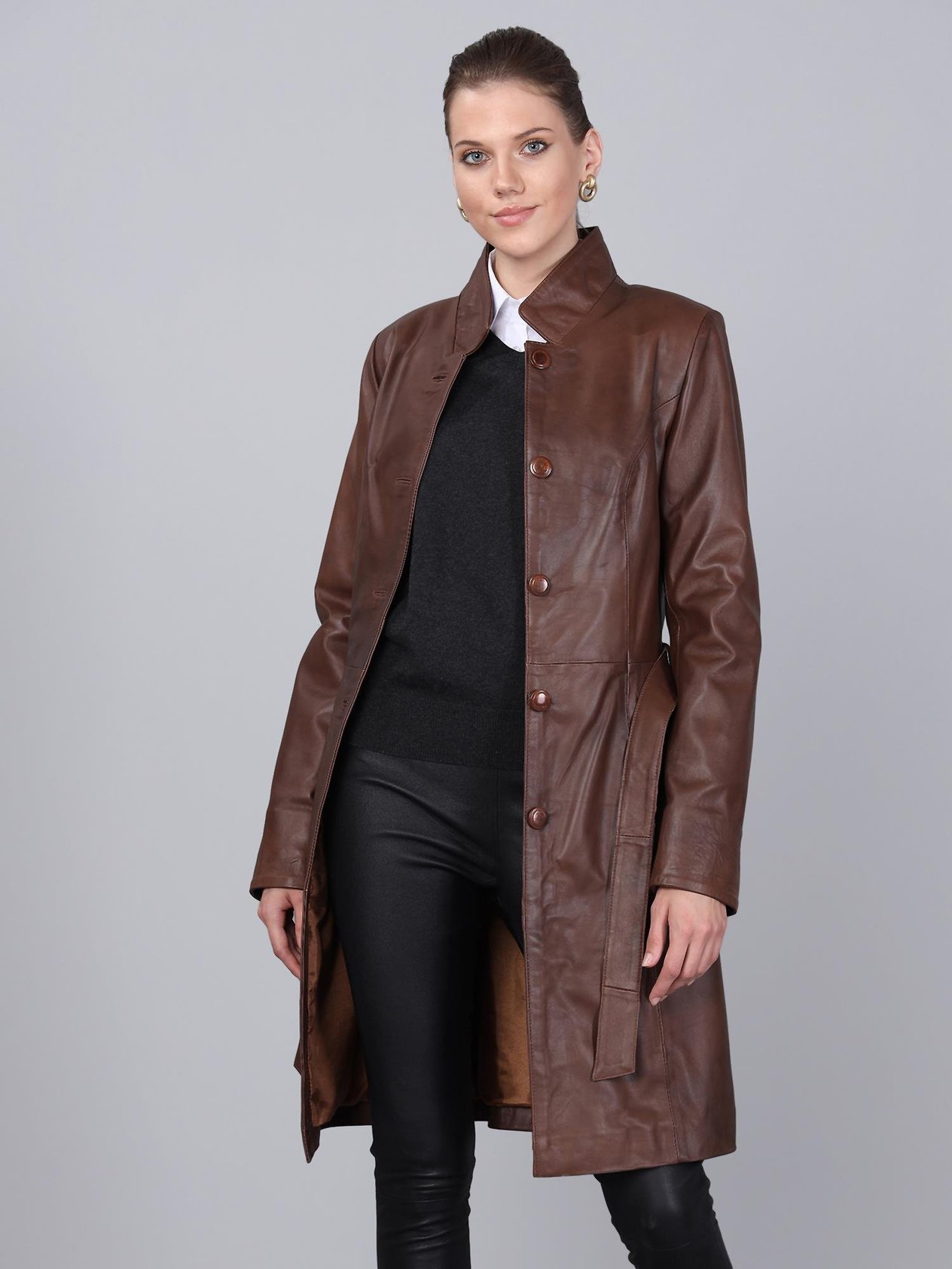 Basics&More Kadın Belden Kuşaklı Kestane Deri Ceket - B3034