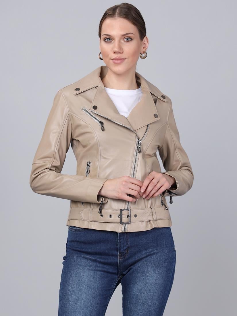 Basics&More Kadın Biker Bej Deri Ceket - BM01