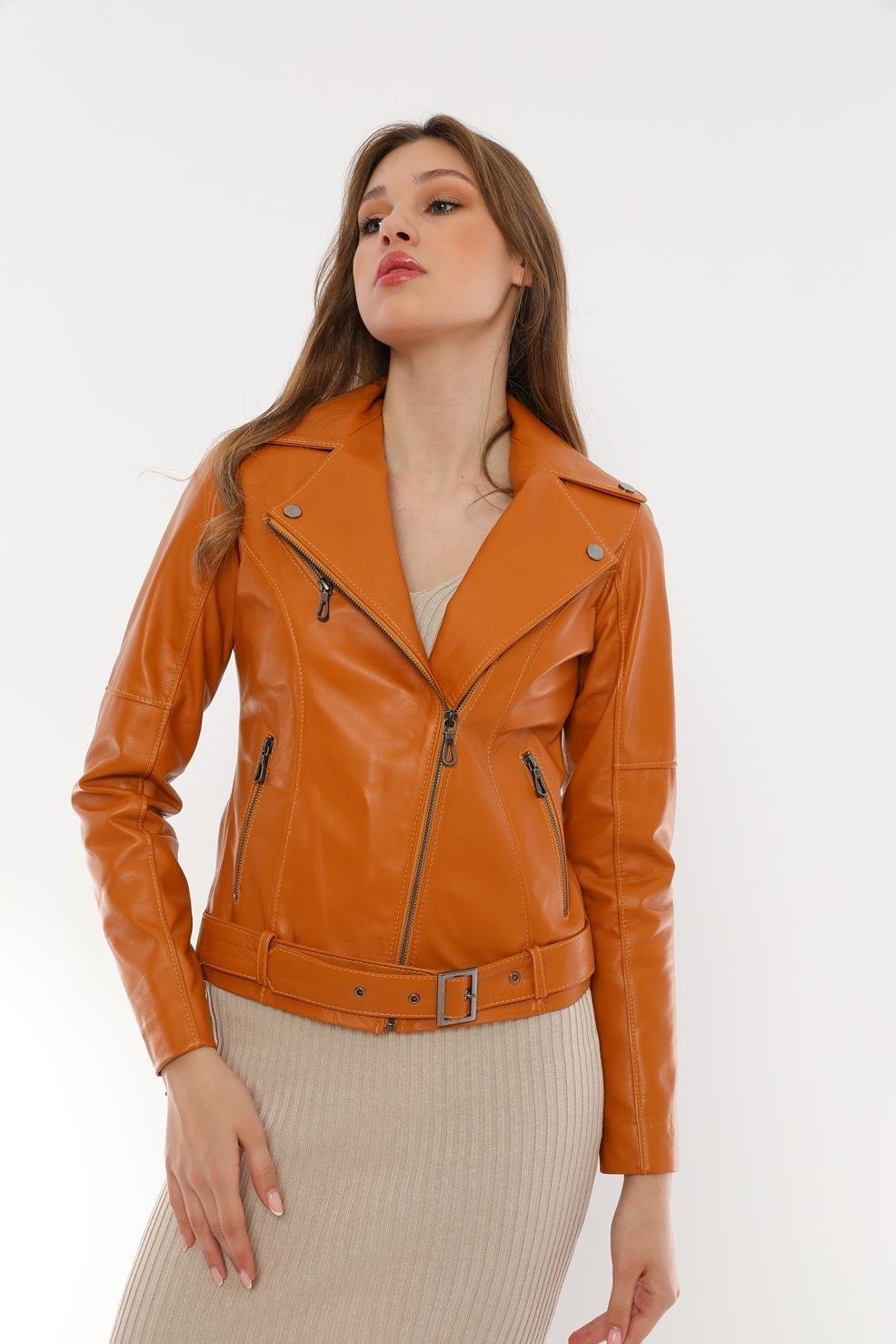 Basics&More Women Biker Camel Leather Jacket - BM01