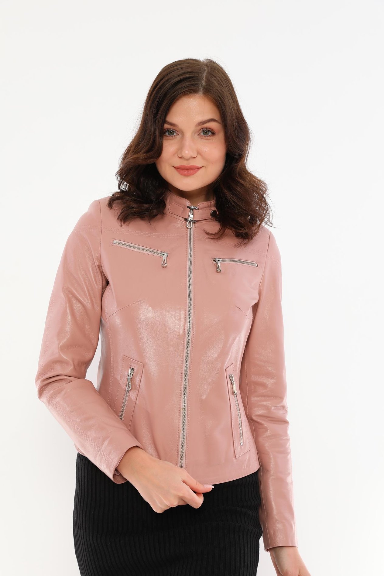 Basics&More Kadın Fermuar Detaylı Pudra Deri Ceket - B2327