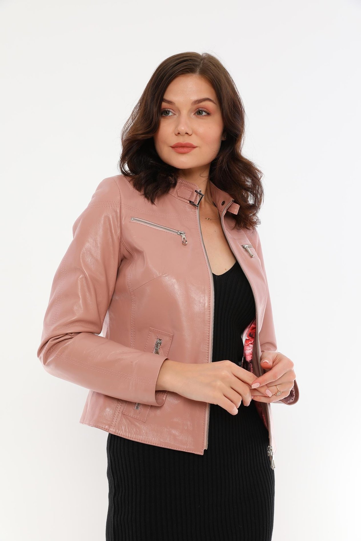 Basics&More Kadın Fermuar Detaylı Pudra Deri Ceket - B2327