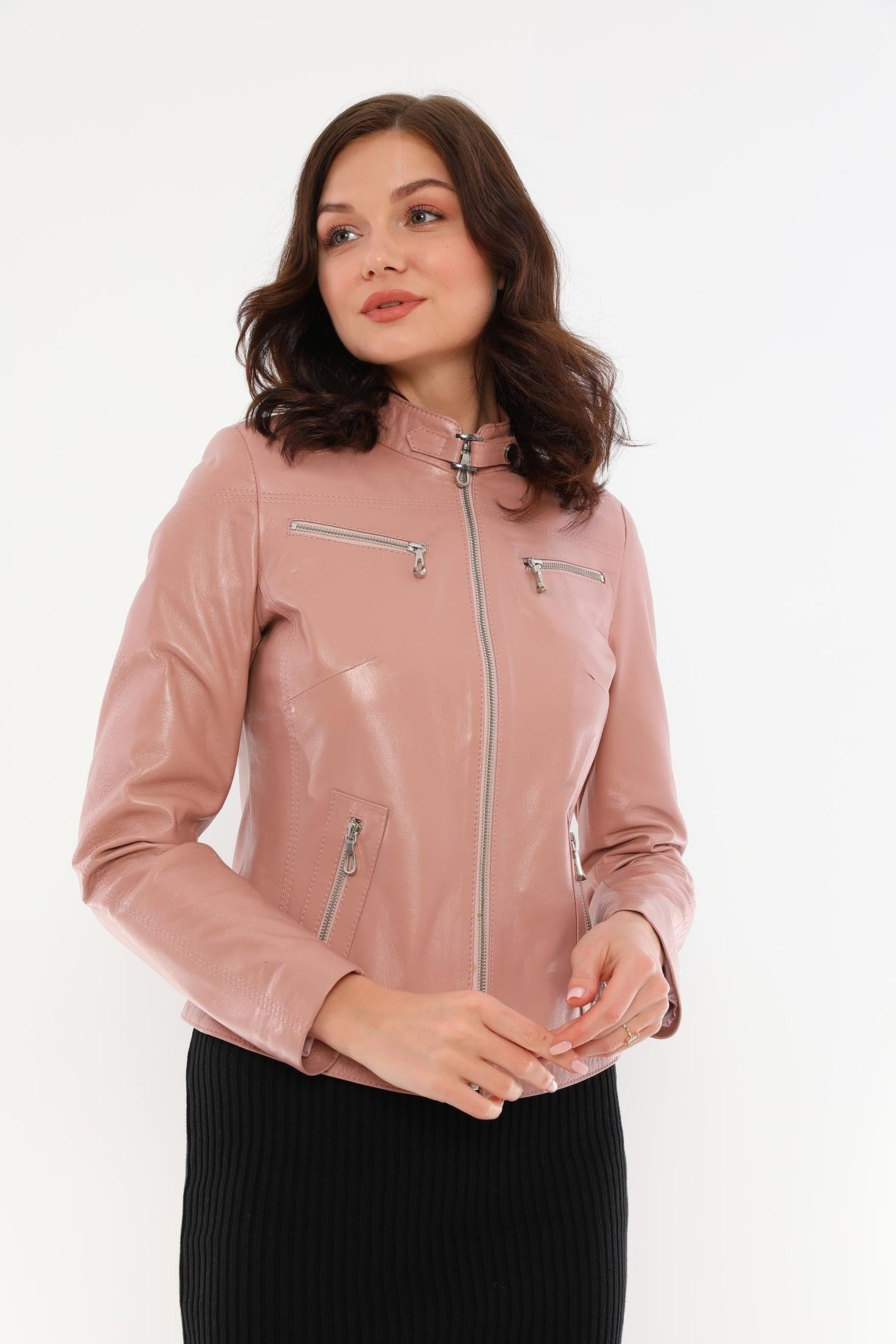 Basics&More Kadın Fermuar Detaylı Pudra Deri Ceket - B2327