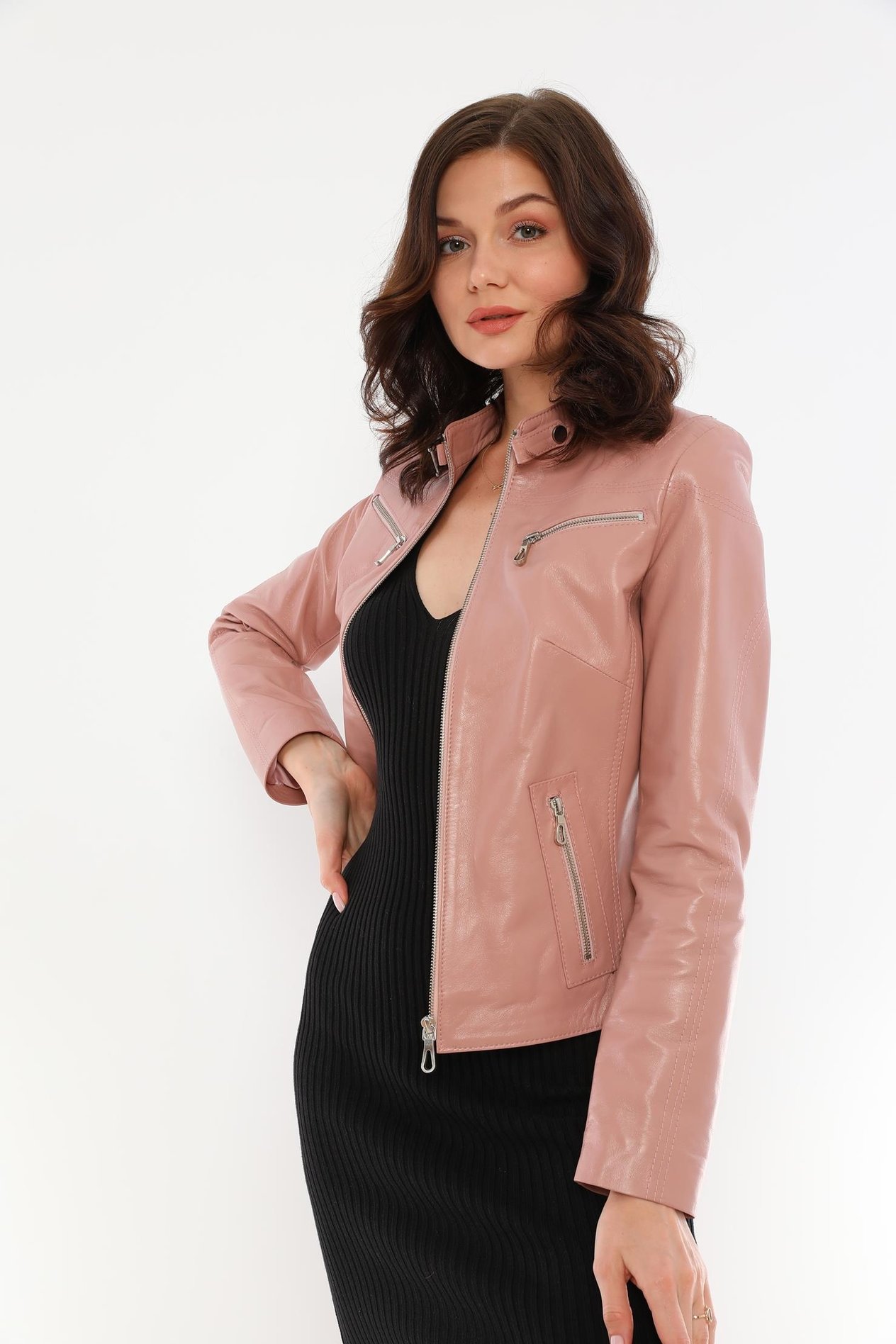 Basics&More Kadın Fermuar Detaylı Pudra Deri Ceket - B2327
