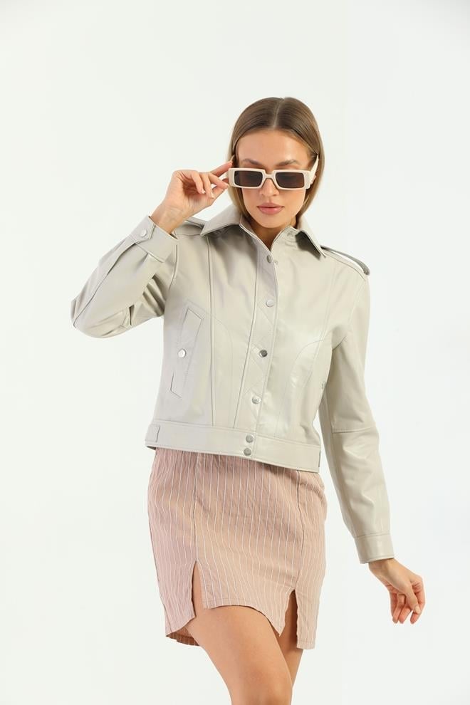 Basics&More Women Quilted Button Beige Leather Jacket - KENDALL