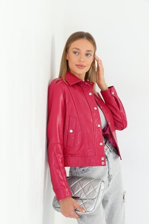 Basics&More Women Quilted Fuchsia Leather Jacket - KENDALL
