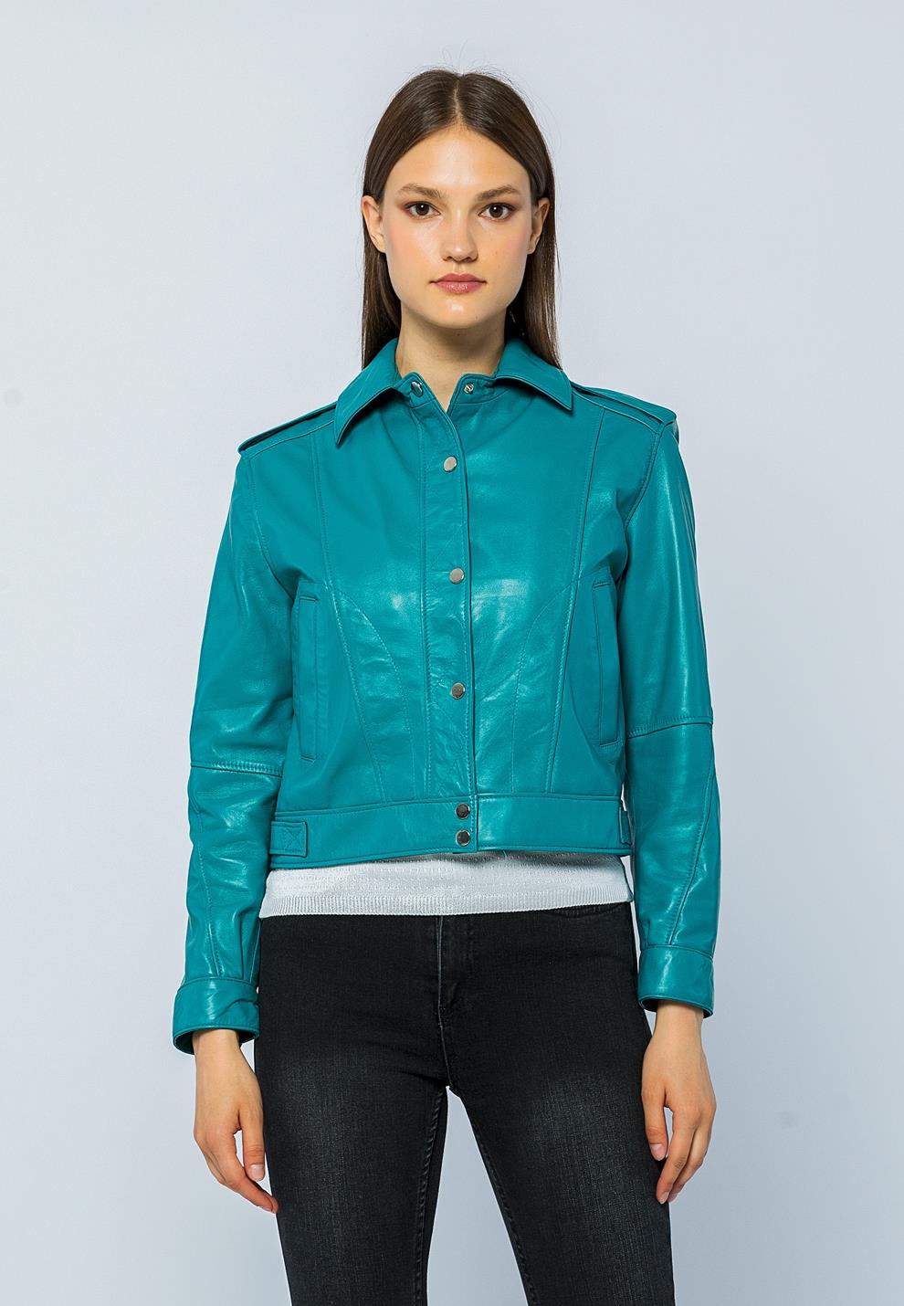 Basics&More Women Quilted Button Turquoise Leather Jacket - KENDALL