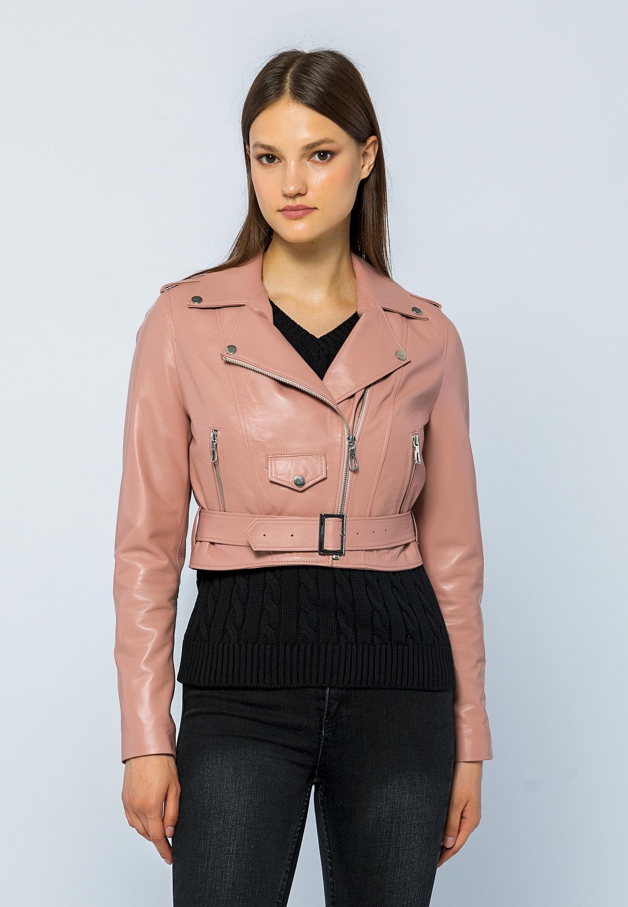Basics&More Women Short Belted Powder Leather Jacket - CASIE
