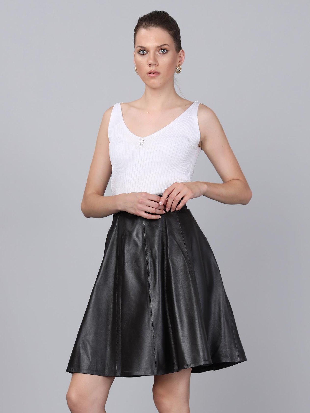 Basics&More Women Flared Brown Leather Skirt - SK03