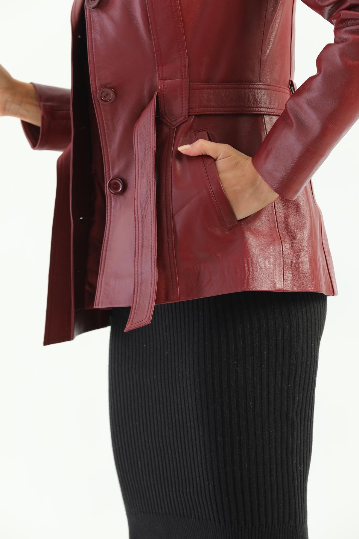 Basics&More Kadın Kuşak Detaylı Bordo Deri Ceket - B2228