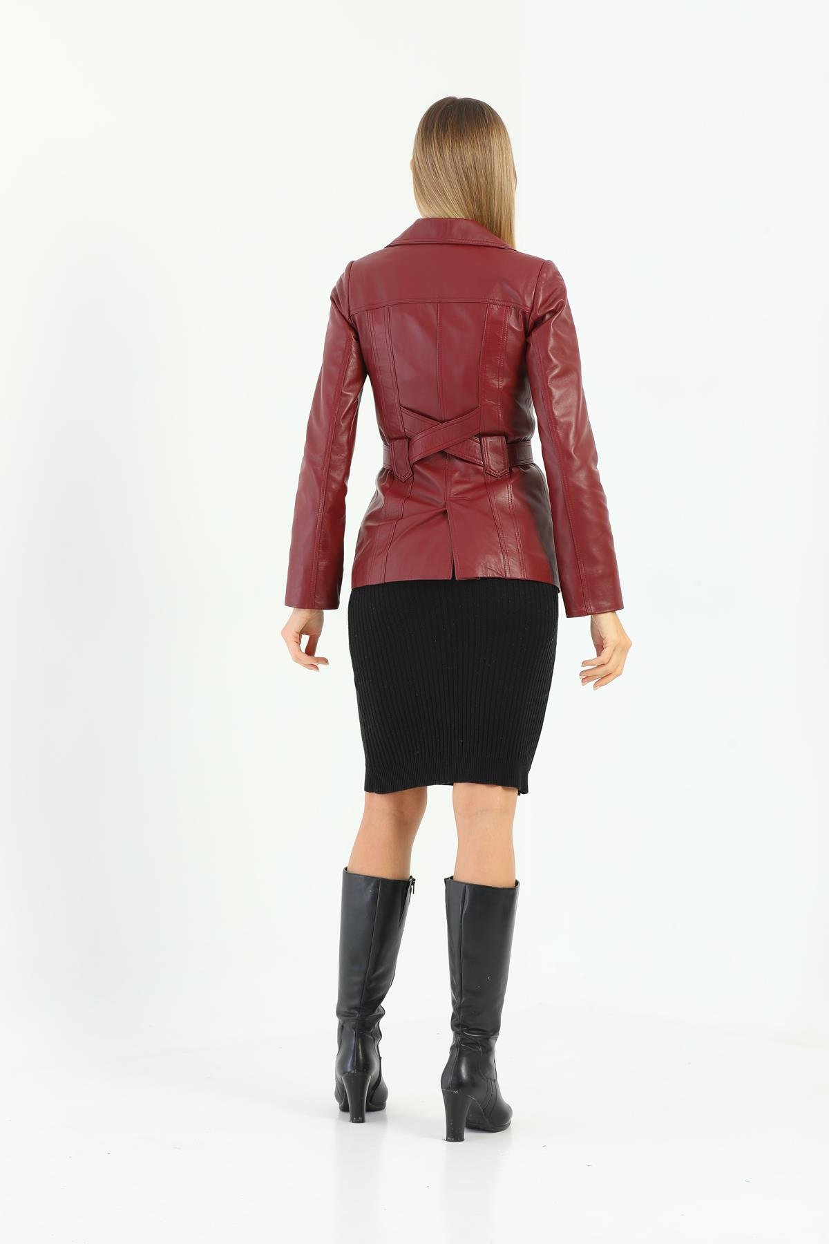 Basics&More Kadın Kuşak Detaylı Bordo Deri Ceket - B2228