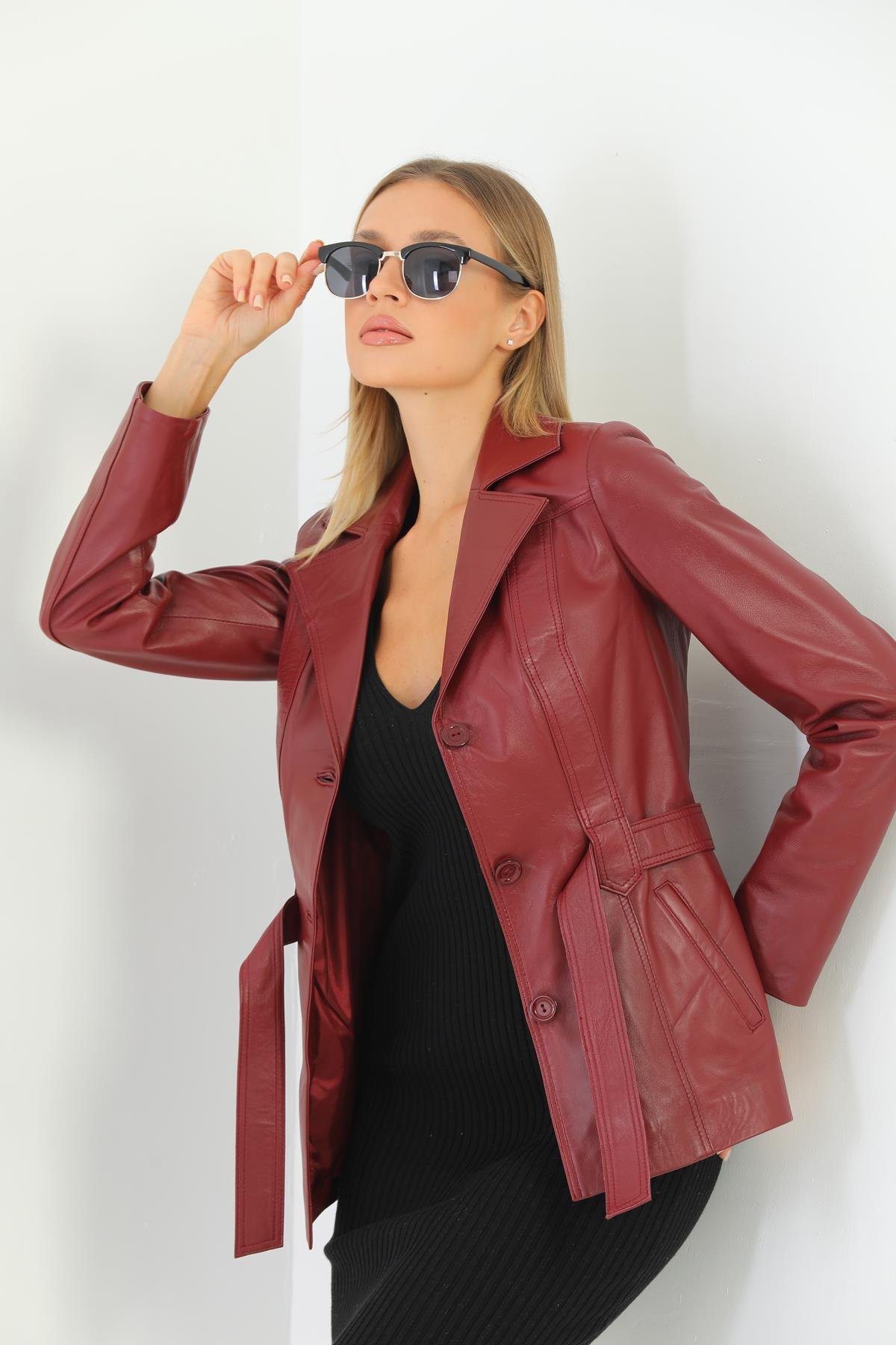 Basics&More Kadın Kuşak Detaylı Bordo Deri Ceket - B2228