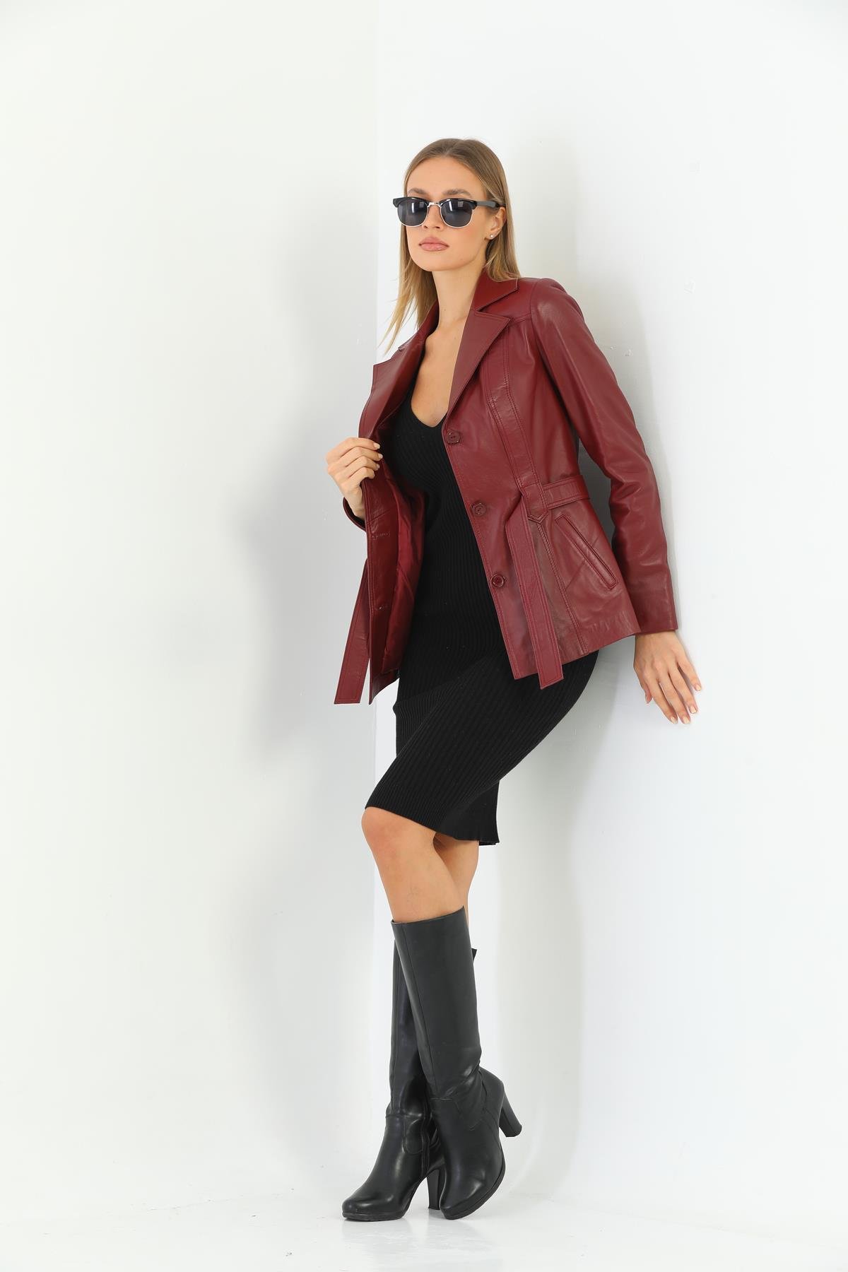 Basics&More Kadın Kuşak Detaylı Bordo Deri Ceket - B2228