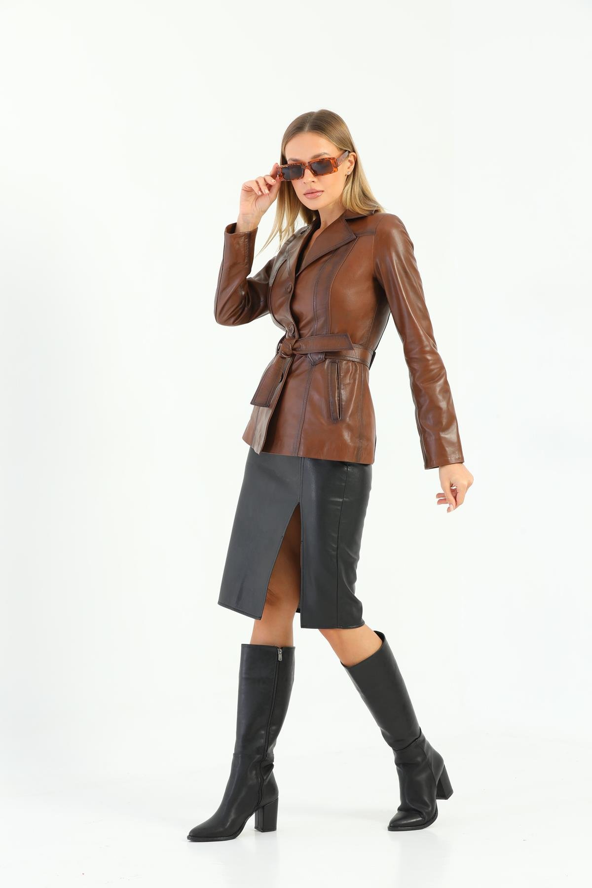 Basics&More Kadın Kuşak Detaylı Kestane Deri Ceket - B2228