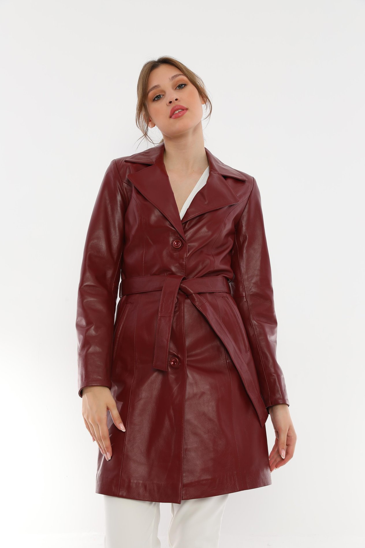 Basics&More Kadın Kuşaklı Bordo Deri Trençkot Ceket - Madonna