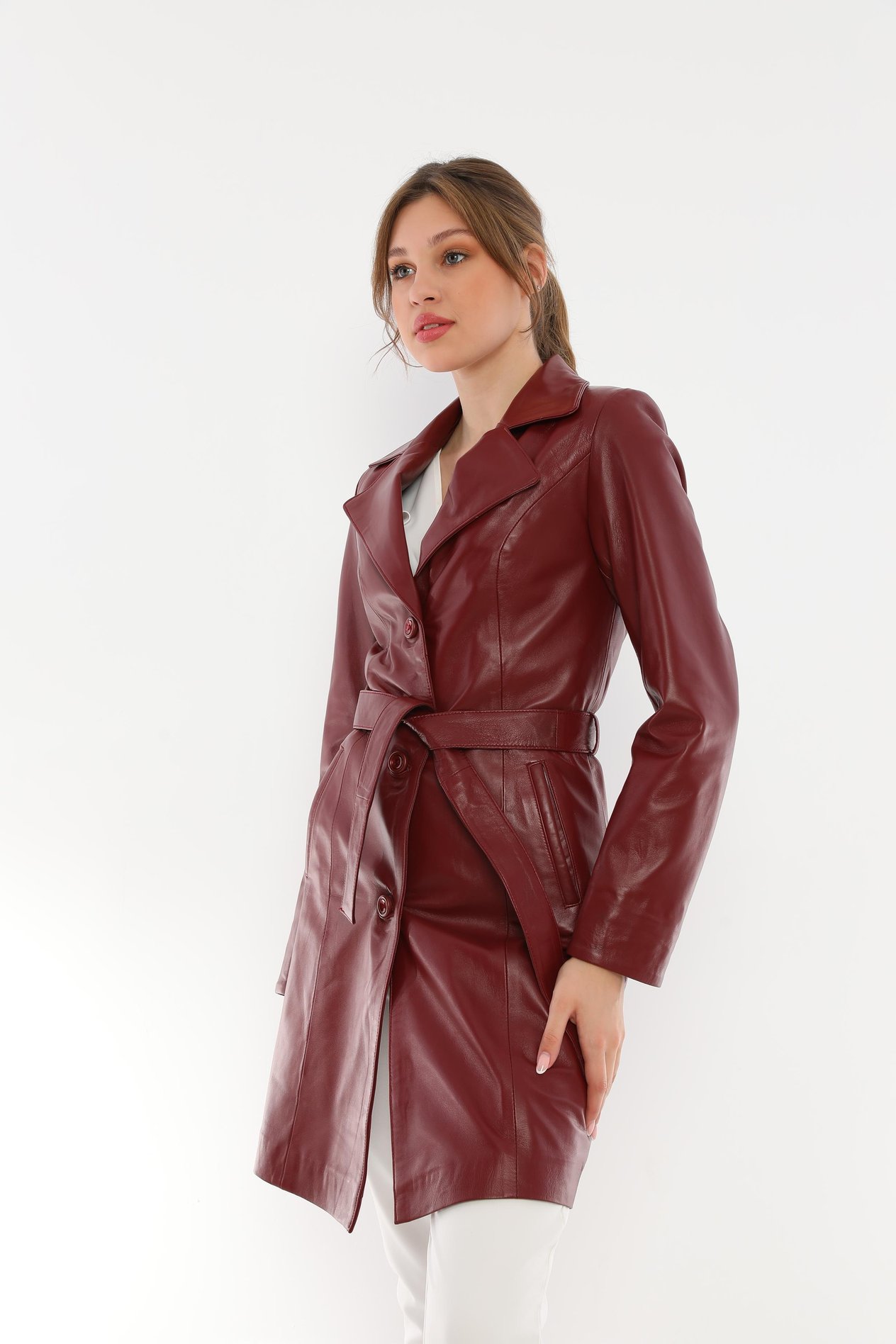 Basics&More Kadın Kuşaklı Bordo Deri Trençkot Ceket - Madonna
