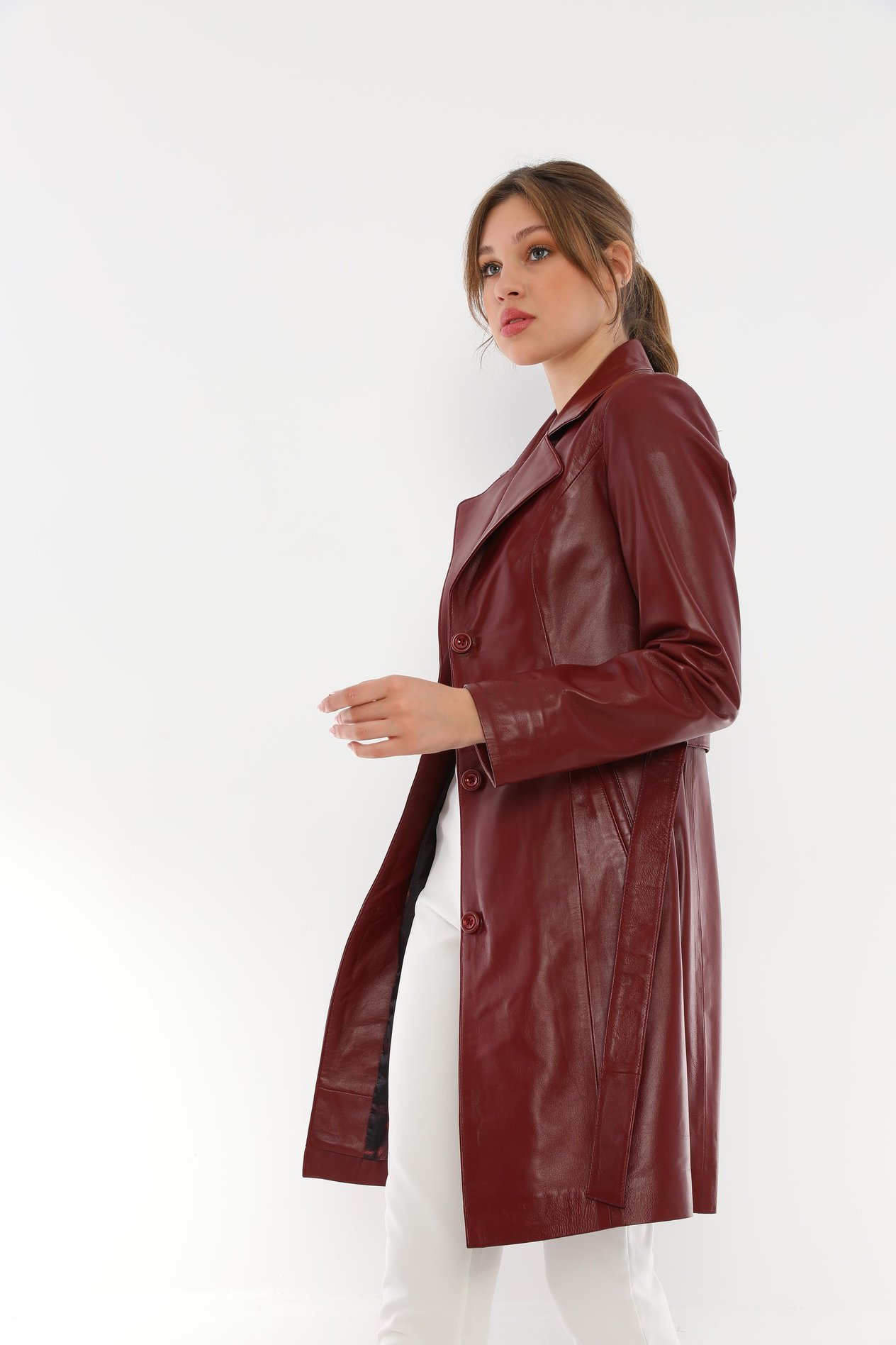 Basics&More Kadın Kuşaklı Bordo Deri Trençkot Ceket - Madonna