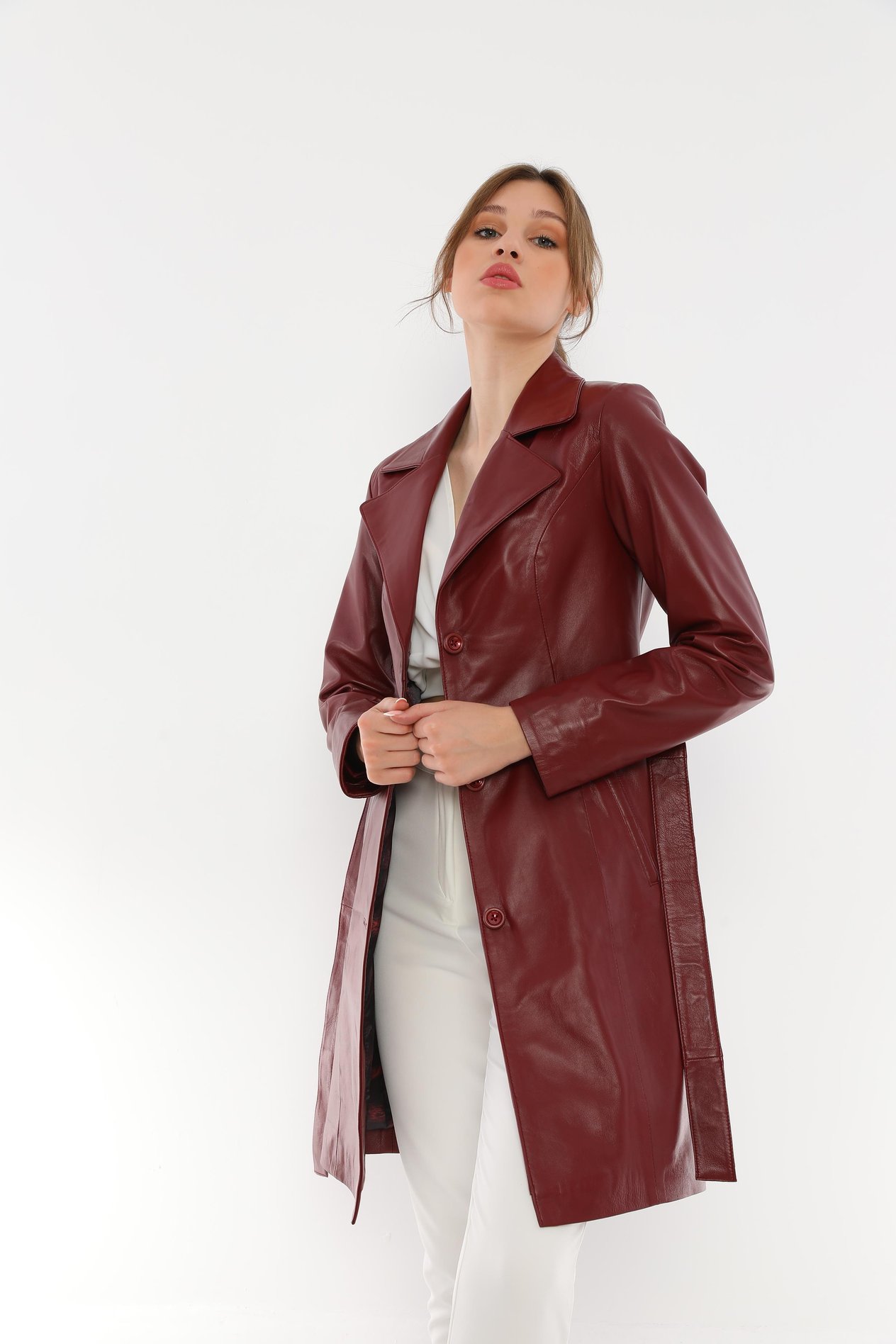 Basics&More Kadın Kuşaklı Bordo Deri Trençkot Ceket - Madonna