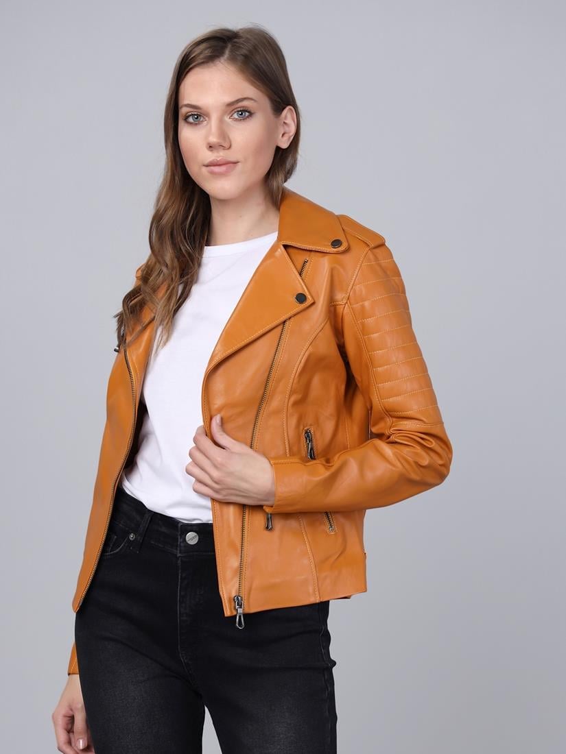 Basics&More Kadın Motorcu Camel Deri Ceket - BM02