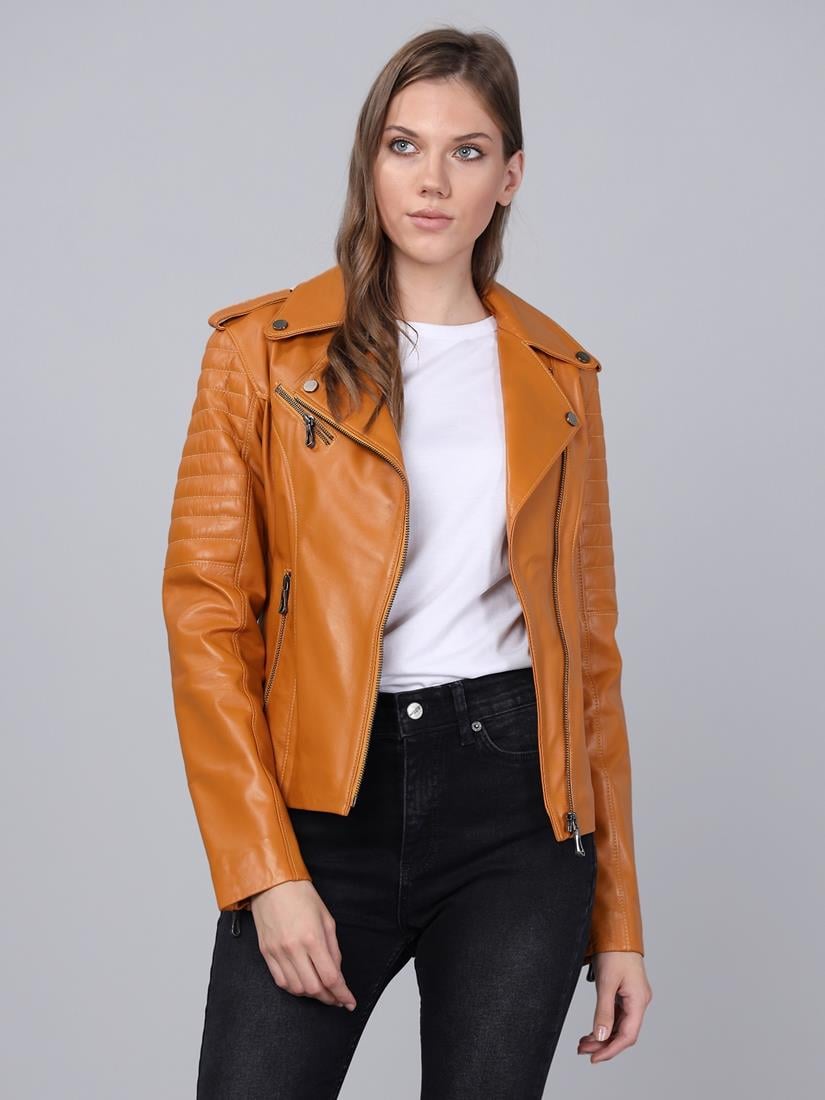 Basics&More Kadın Motorcu Camel Deri Ceket - BM02