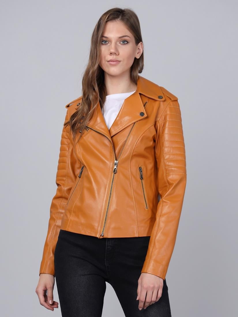 Basics&More Kadın Motorcu Camel Deri Ceket - BM02