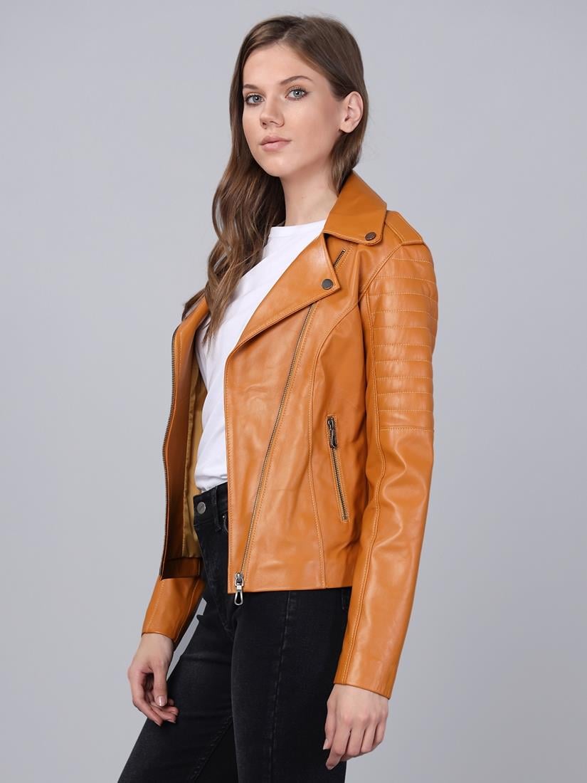 Basics&More Kadın Motorcu Camel Deri Ceket - BM02
