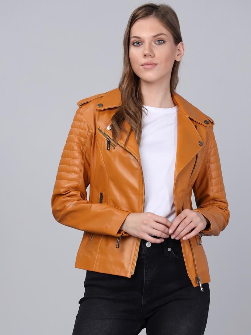 Basics&More Kadın Motorcu Camel Deri Ceket - BM02