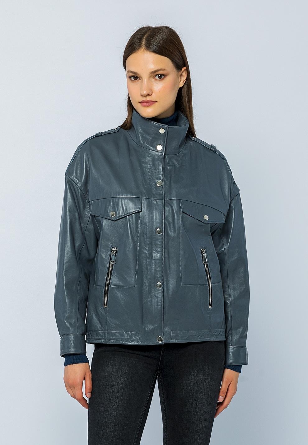 Basics&More Women Oversize Grey Leather Jacket - Oversize