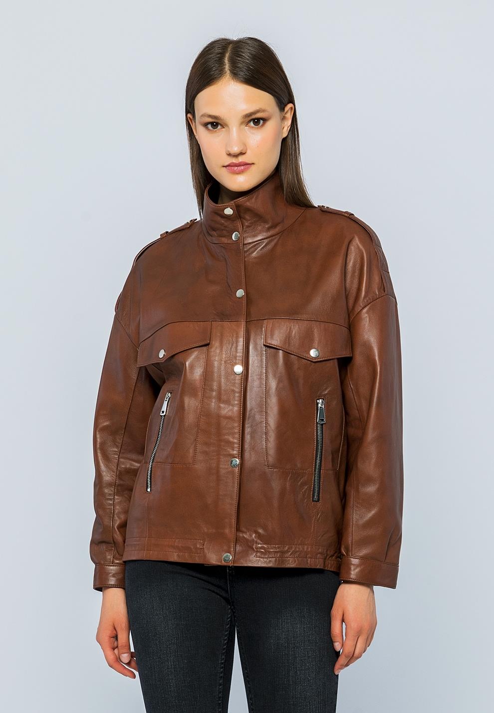 Basics&More Women Oversize Grey Leather Jacket - Oversize