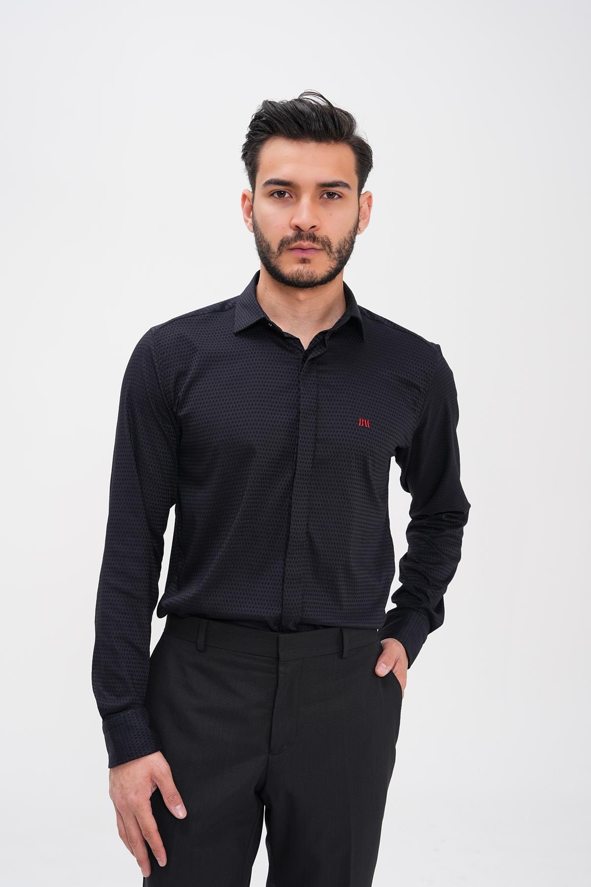 Basics&More Klasik Siyah Erkek Gömlek - Şık ve Konforlu Tasarım - 2501