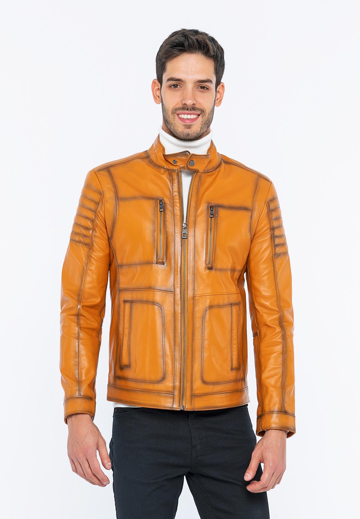 Basics&More Men Biker Camel Leather Jacket - B3455