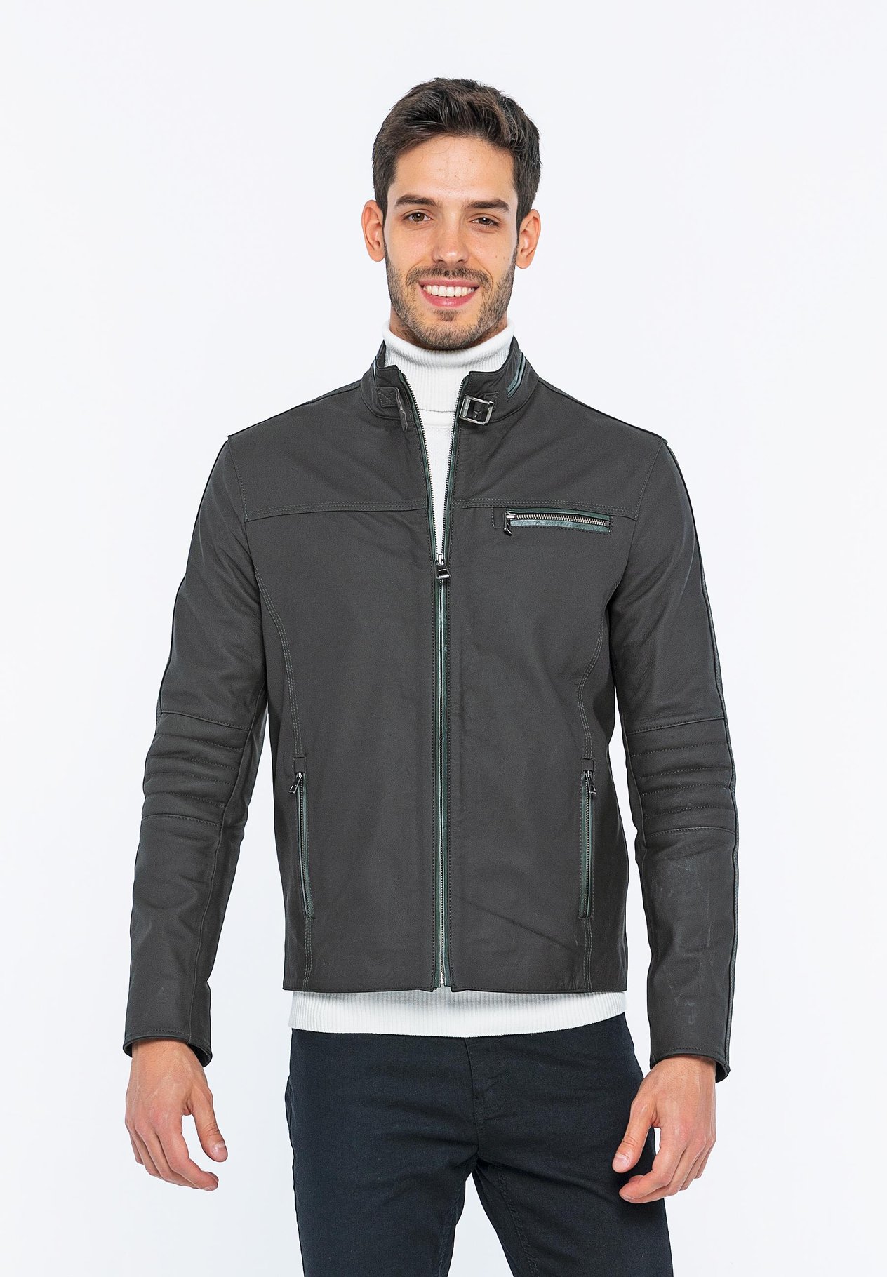 Basics&More Biker Coffee Taffeta Leather Jacket - E/47